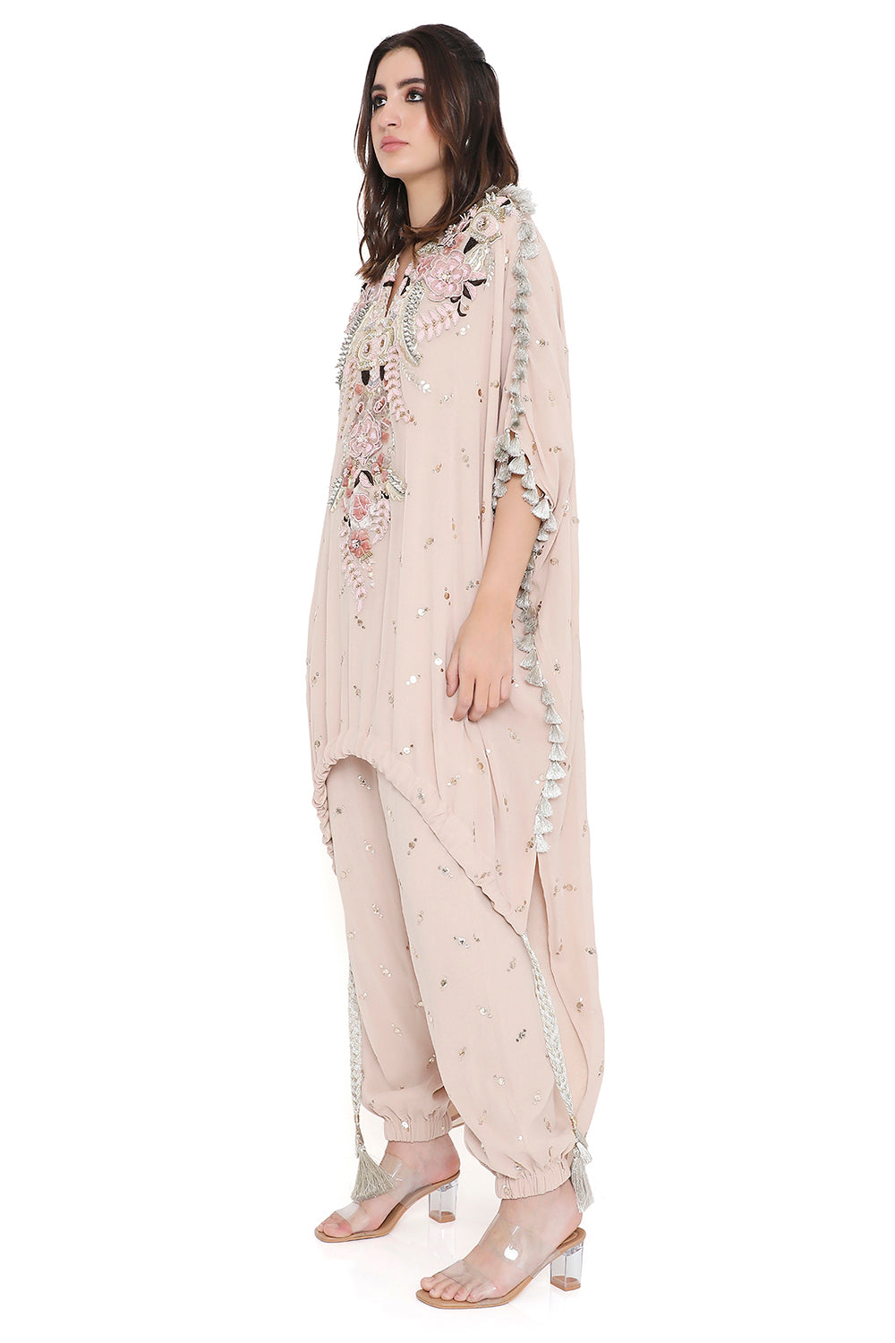 Stone Embroidered High Low Kaftan With Jogger Pant