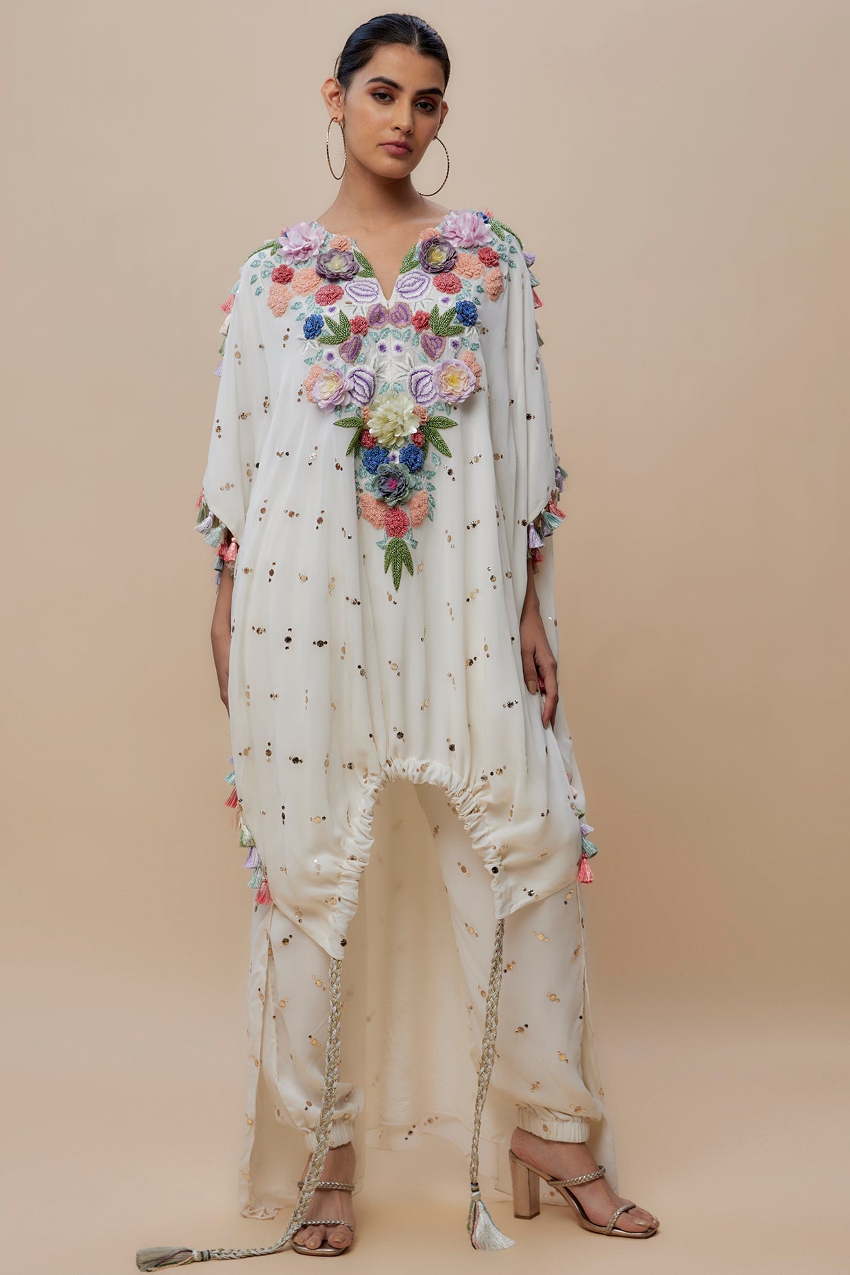 Off White Embroidered High Low Kaftan With Jogger Pant