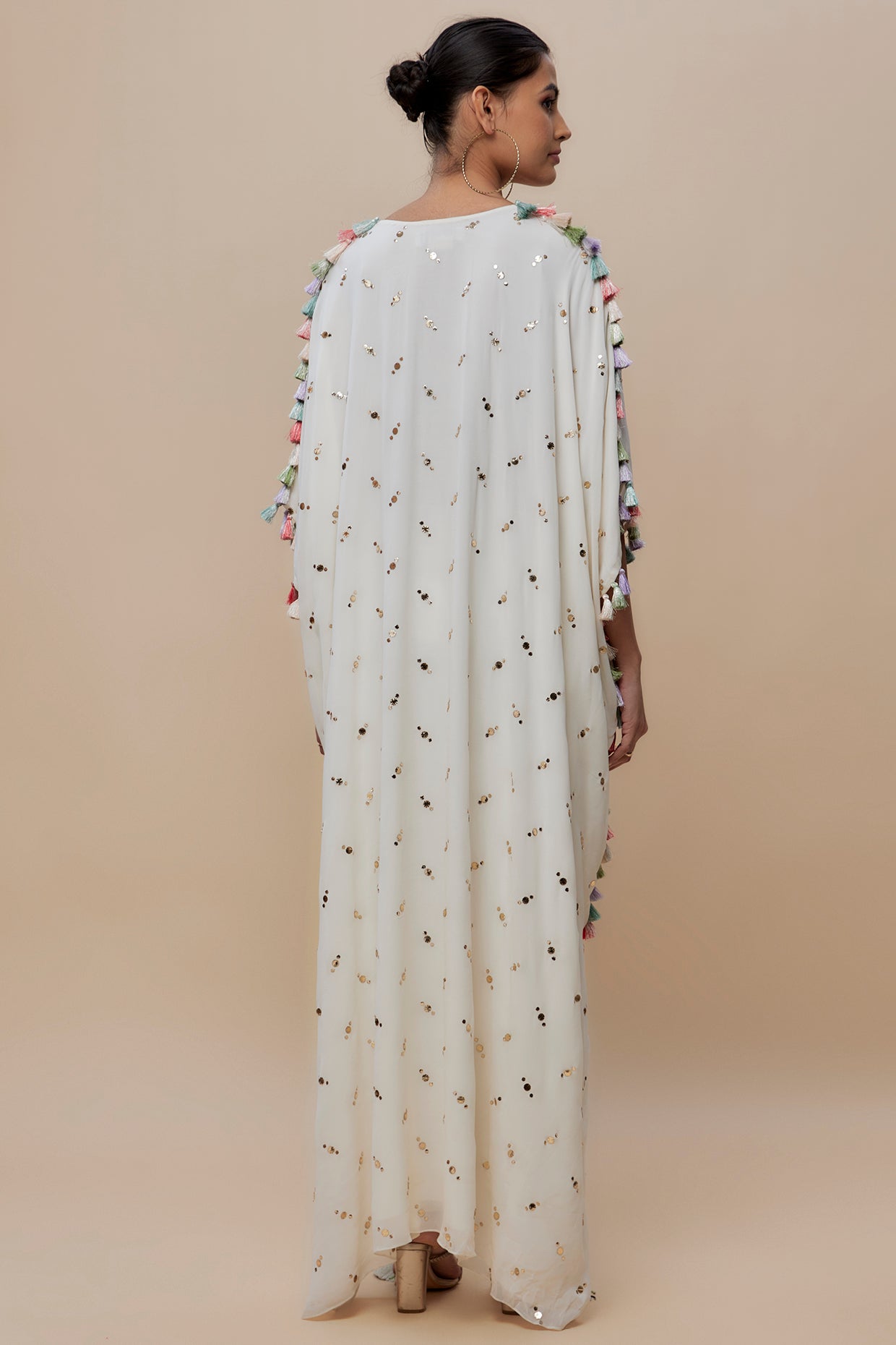 Off White Embroidered High Low Kaftan With Jogger Pant