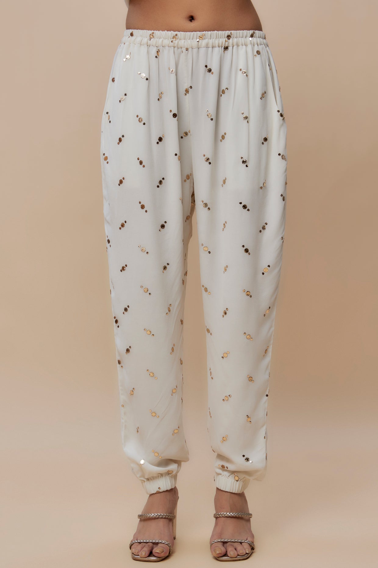 Off White Embroidered High Low Kaftan With Jogger Pant