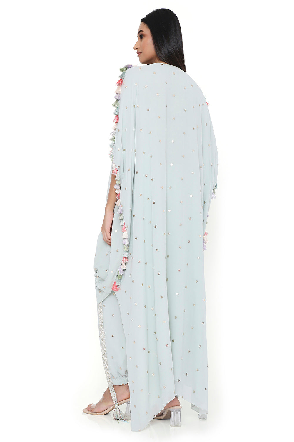 Sea Foam Embroidered High Low Kaftan With Jogger Pant