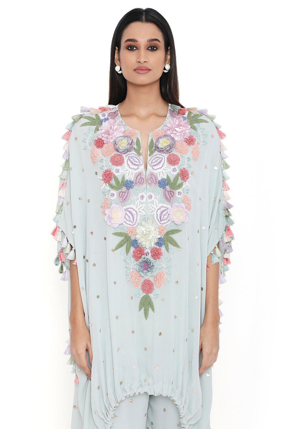 Sea Foam Embroidered High Low Kaftan With Jogger Pant