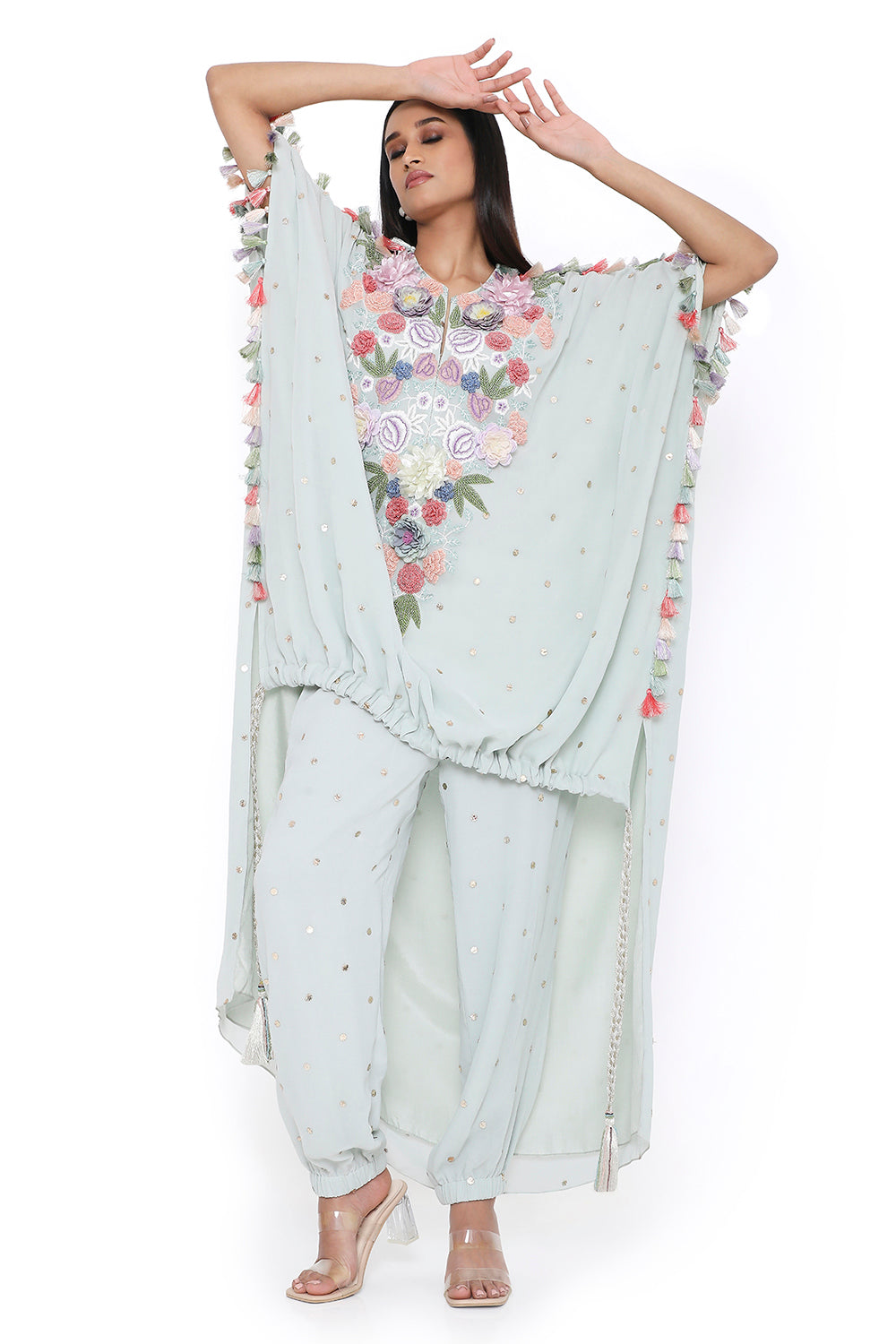 Sea Foam Embroidered High Low Kaftan With Jogger Pant