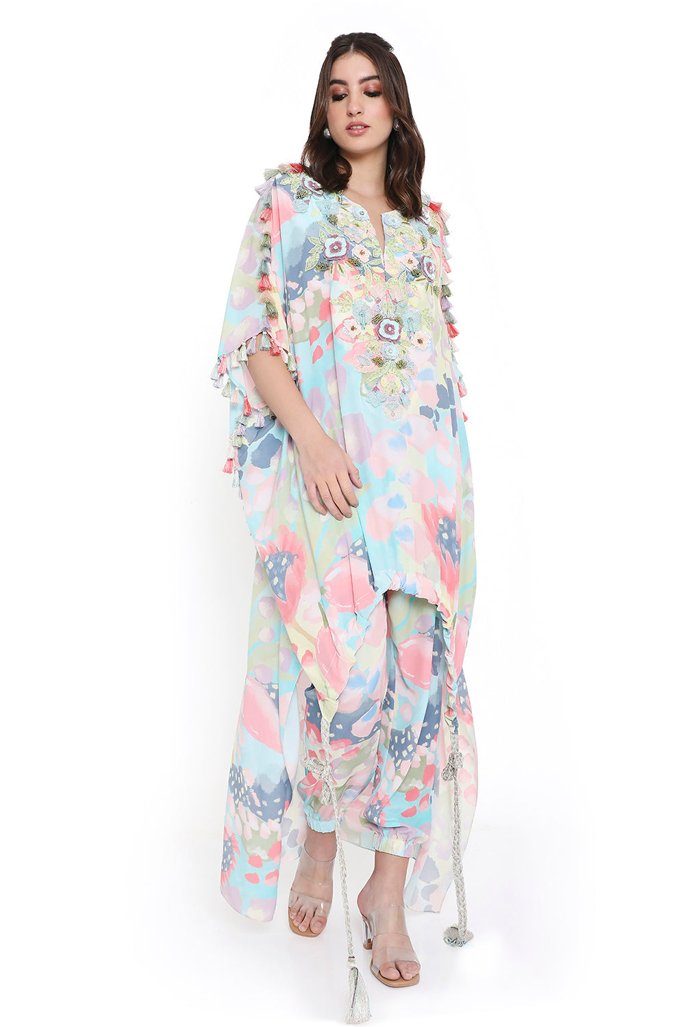 Euphoria Print High-Low Embroidered Kaftan With Jogger Pant