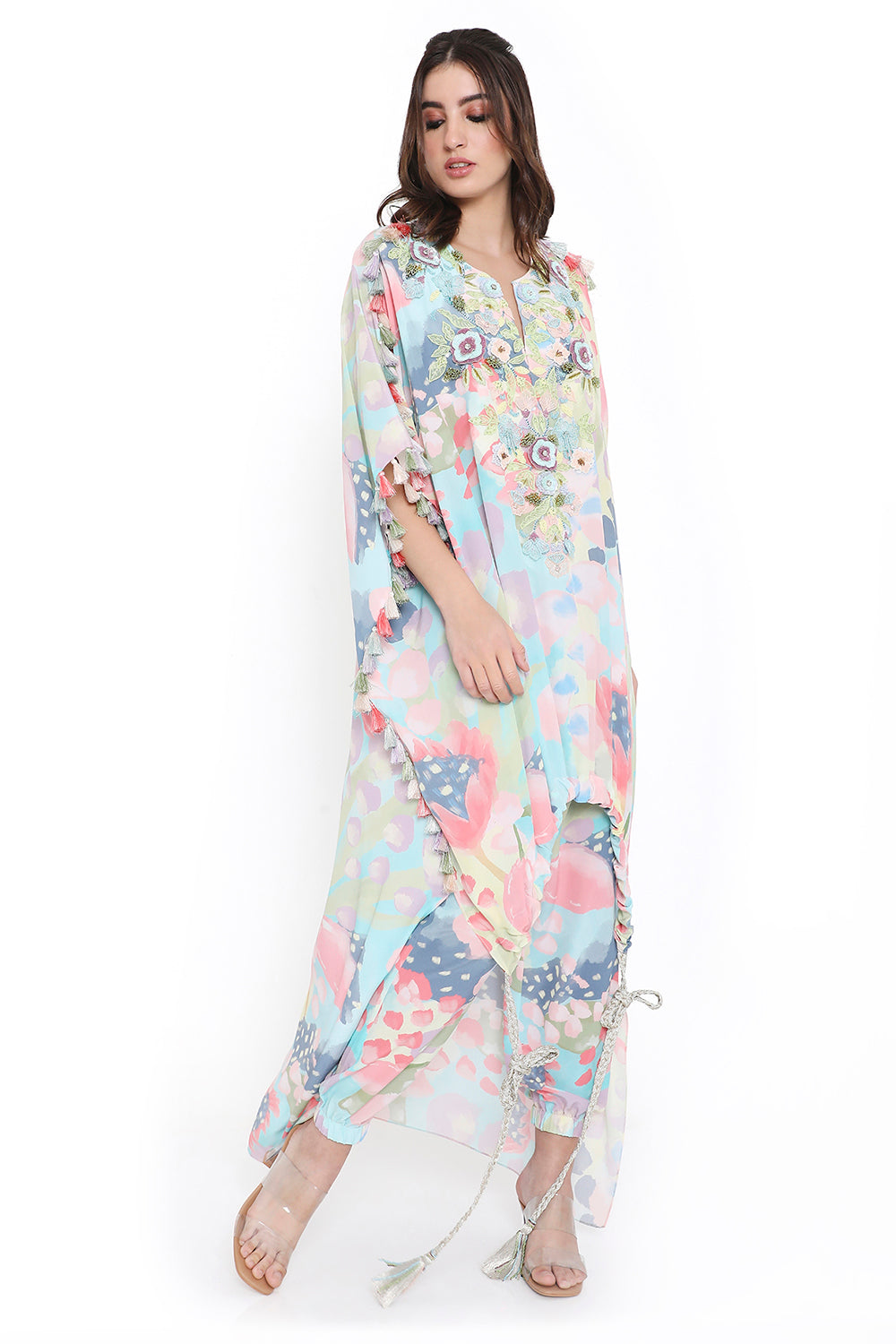 Euphoria Print High-Low Embroidered Kaftan With Jogger Pant