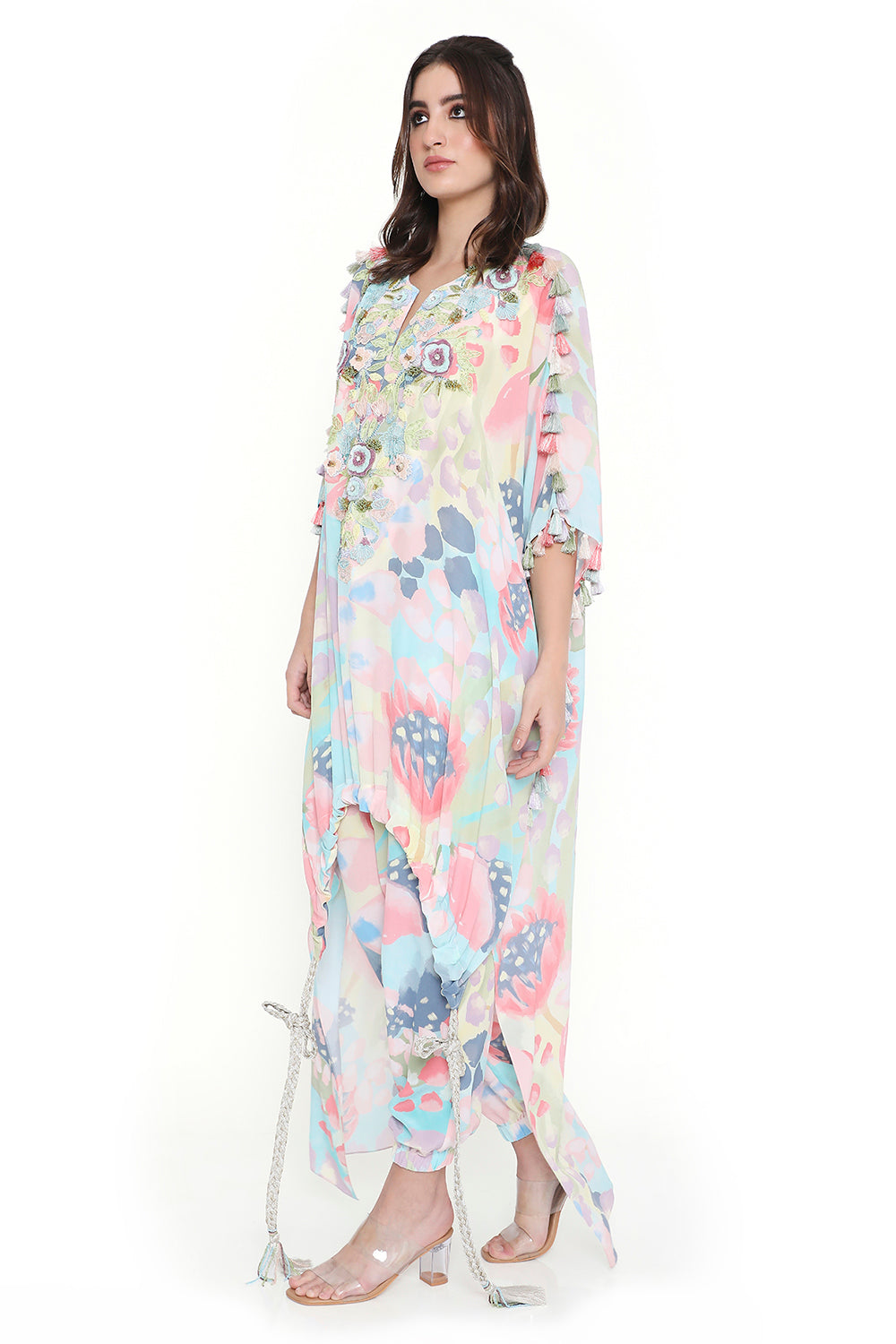 Euphoria Print High-Low Embroidered Kaftan With Jogger Pant