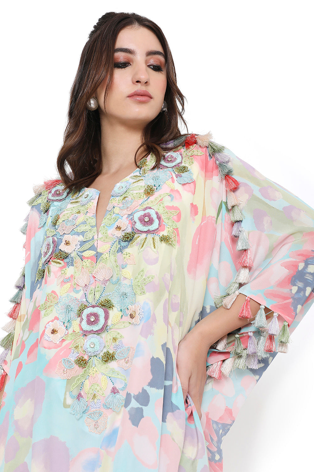 Euphoria Print High-Low Embroidered Kaftan With Jogger Pant