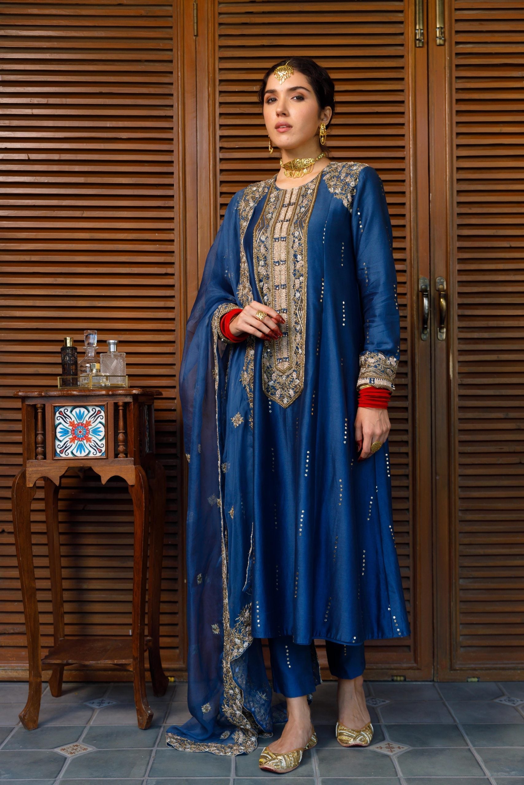 Ruksaan Navy Embroidred Yoke Kurta And Pant With Dupatta