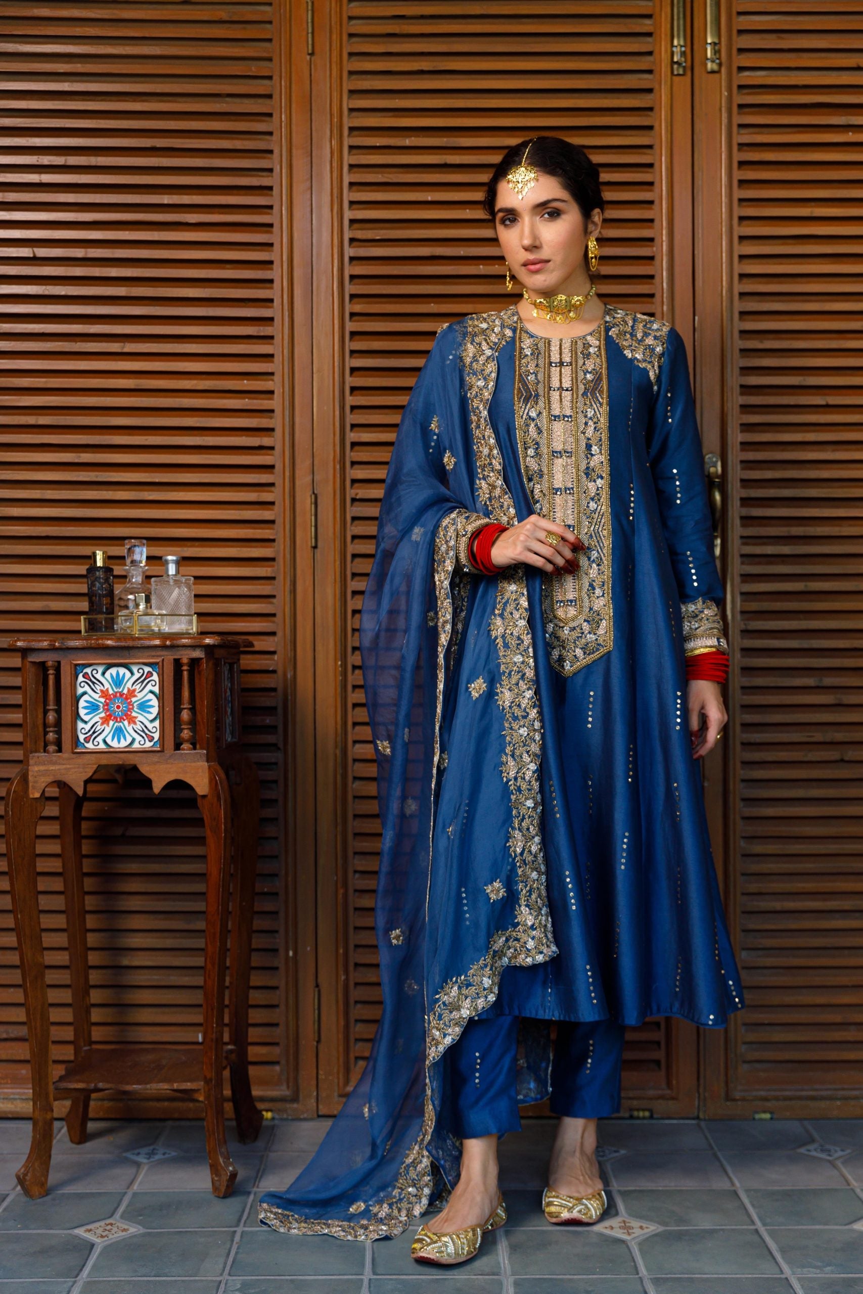 Ruksaan Navy Embroidred Yoke Kurta And Pant With Dupatta