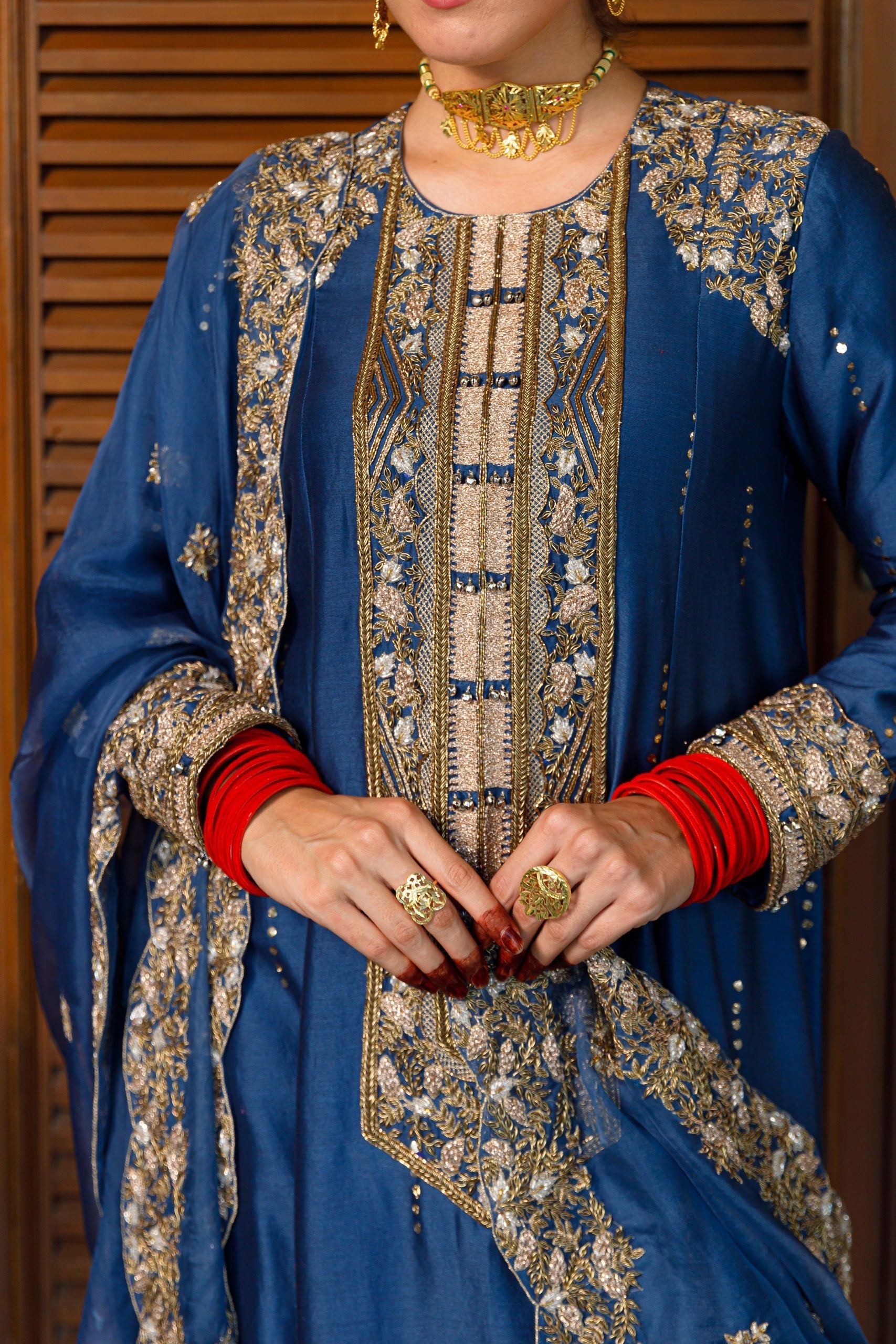 Ruksaan Navy Embroidred Yoke Kurta And Pant With Dupatta