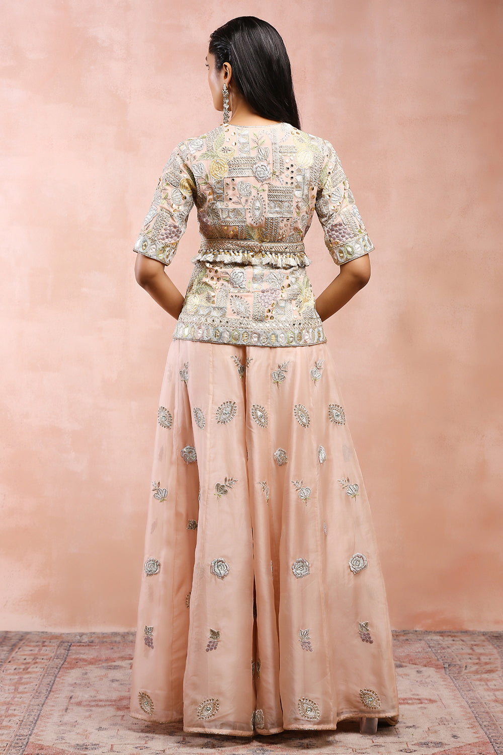 Rose Pink Applique Embroiderd Short Kurta With Belt And Organza Sharara