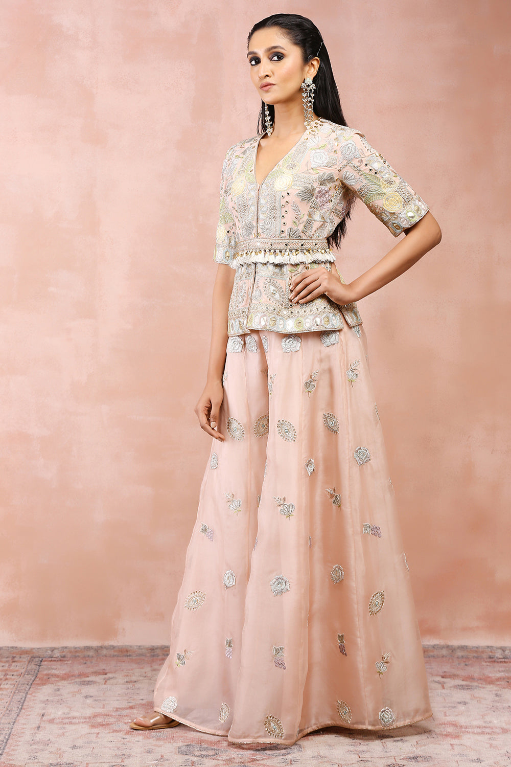 Rose Pink Applique Embroiderd Short Kurta With Belt And Organza Sharara