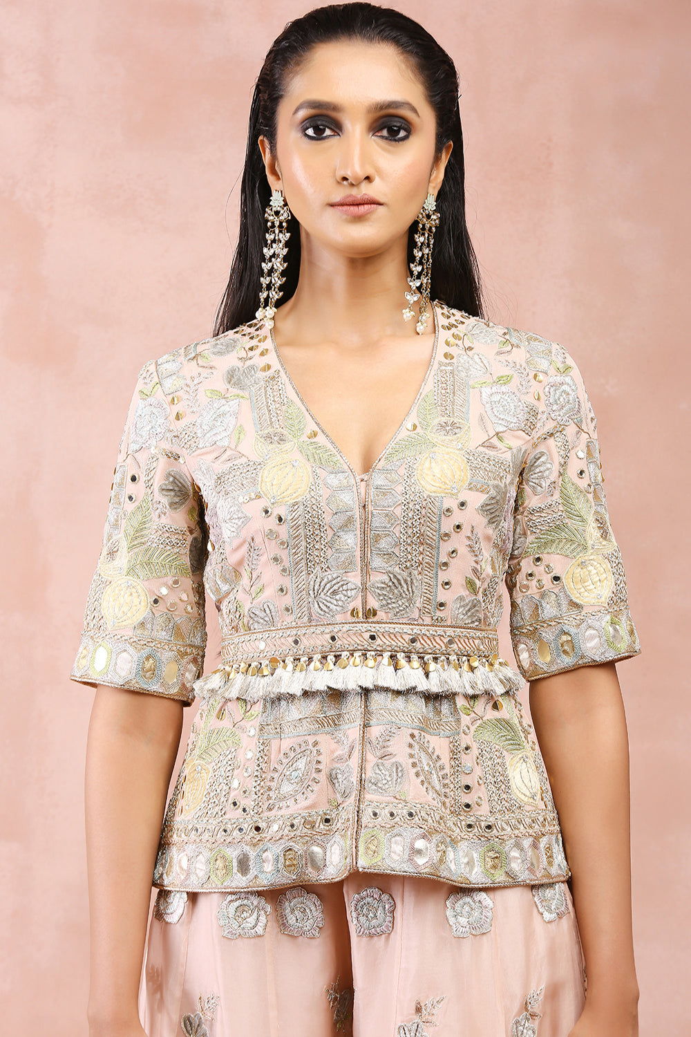 Rose Pink Applique Embroiderd Short Kurta With Belt And Organza Sharara