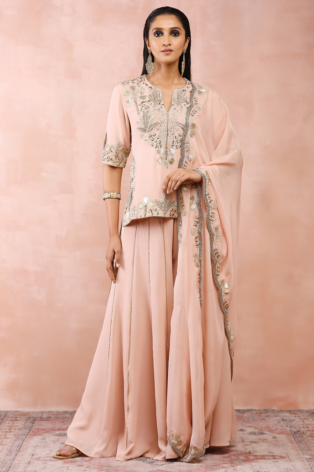 Rose Pink Bagh Embroidered Kurta With Sharara And Dupatta