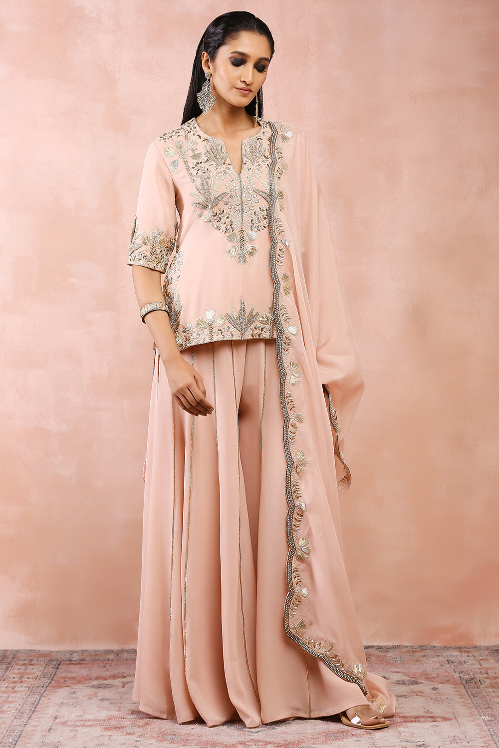 Rose Pink Bagh Embroidered Kurta With Sharara And Dupatta