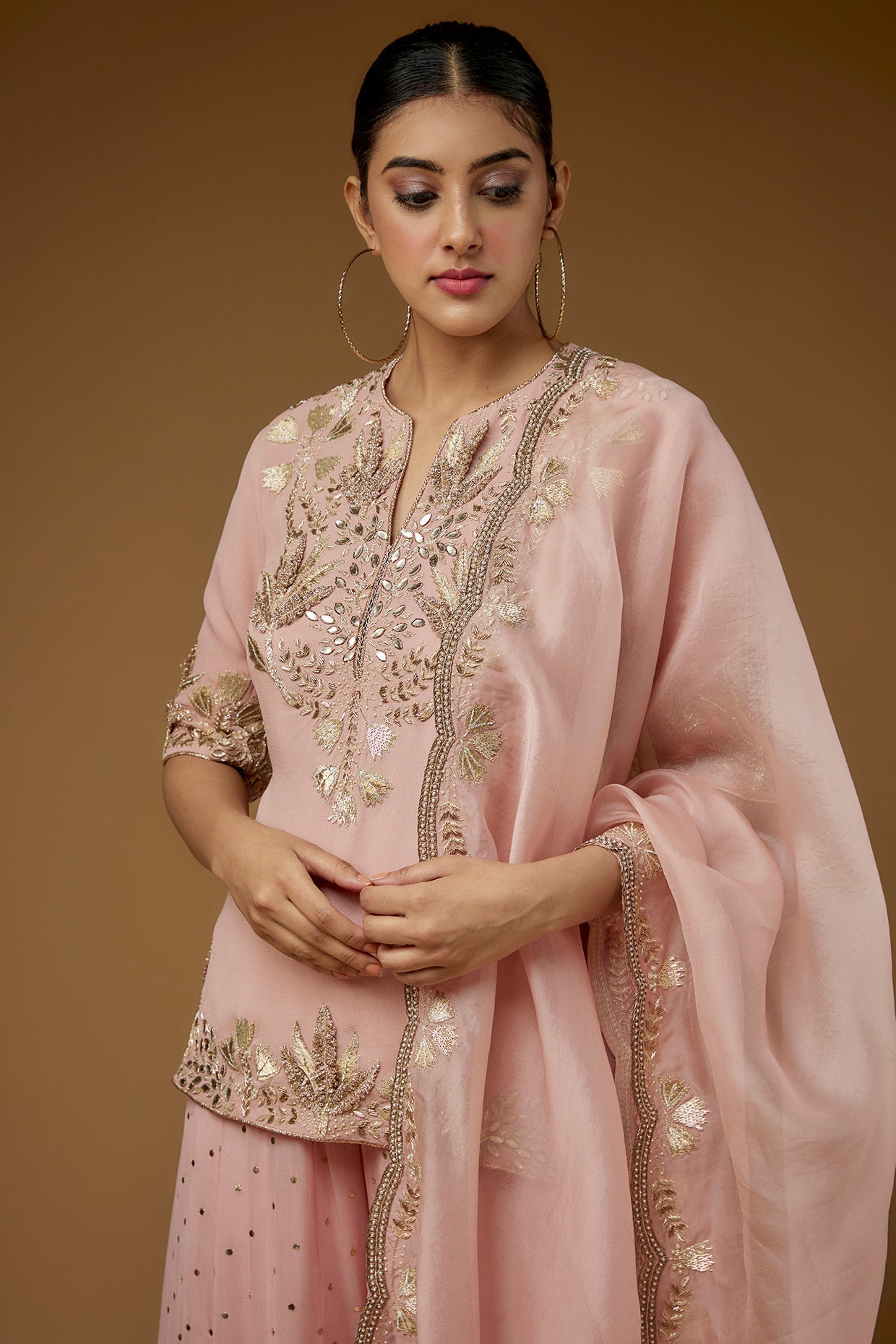 Rose Pink Embroidered Kurta And Sharara With Embroidered Dupatta