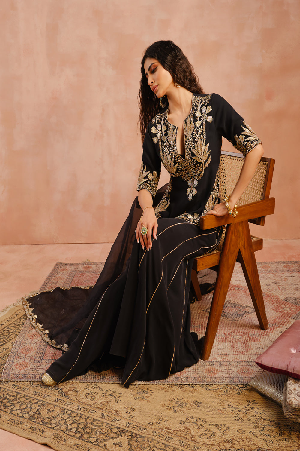 Black Bagh Embroidered Kurta With Sharara And Dupatta