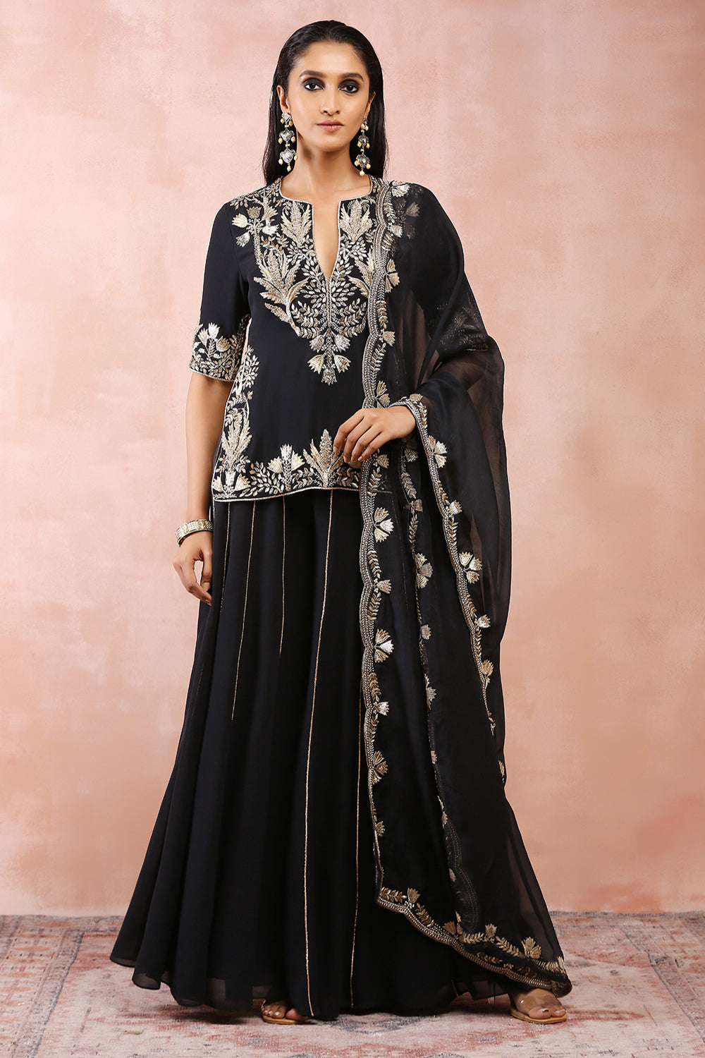 Black Bagh Embroidered Kurta With Sharara And Dupatta