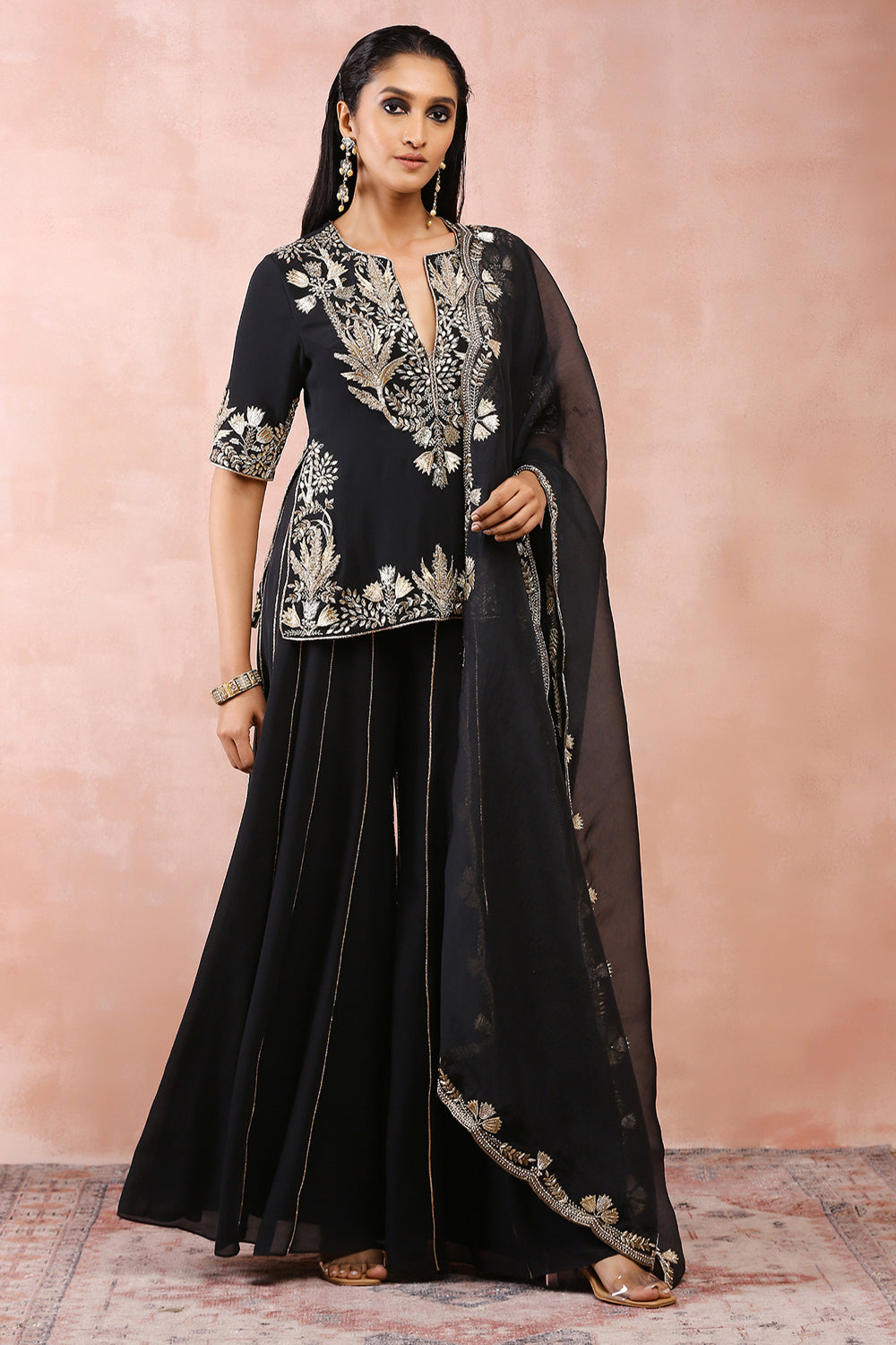 Black Bagh Embroidered Kurta With Sharara And Dupatta