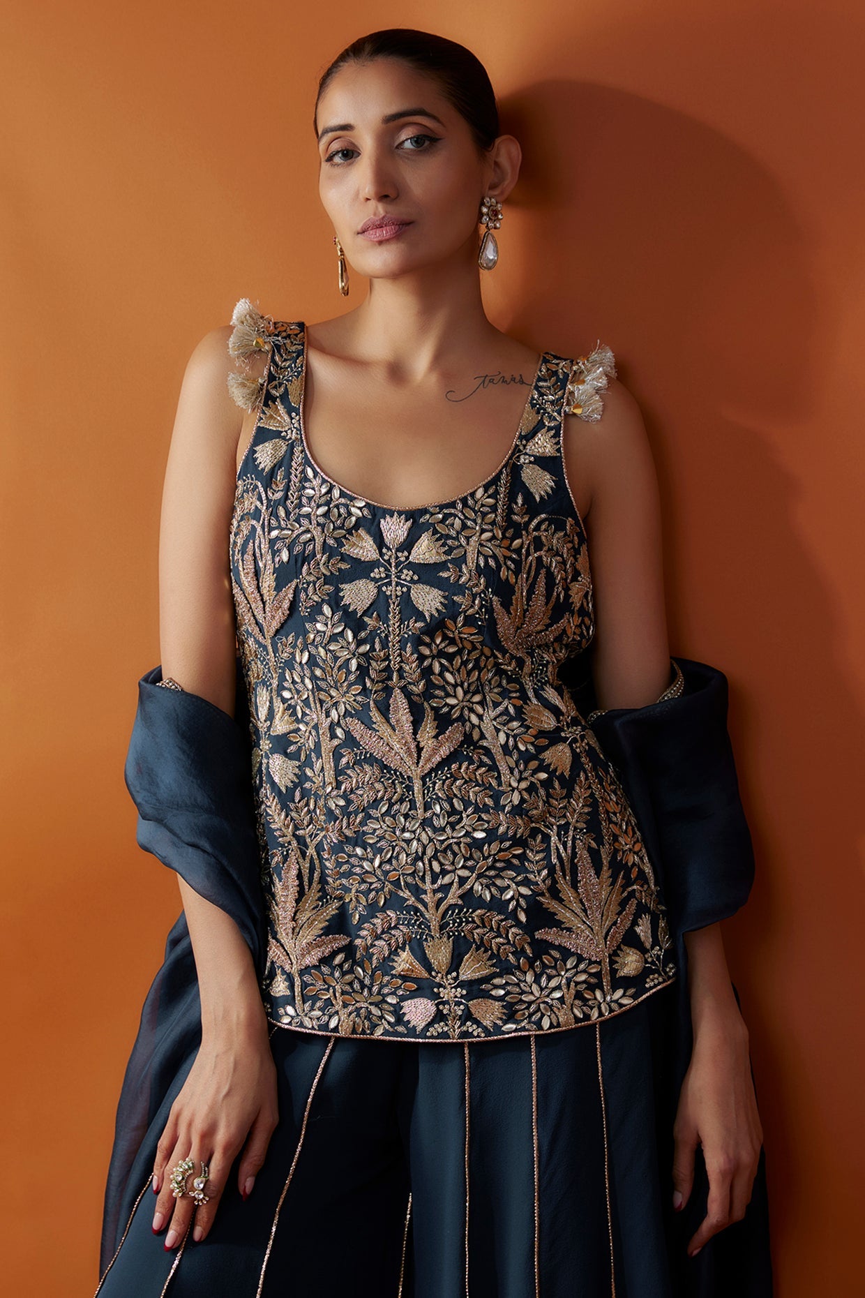 Navy Embroidered Kurta And Sharara With Dupatta