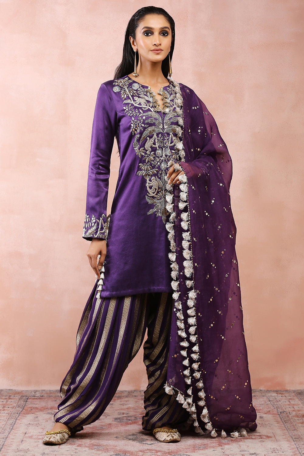 Purple Embroidered Kurta With Salwar And Dupatta