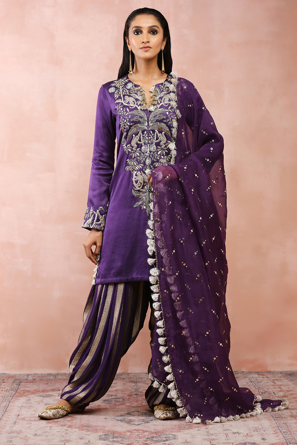 Purple Embroidered Kurta With Salwar And Dupatta