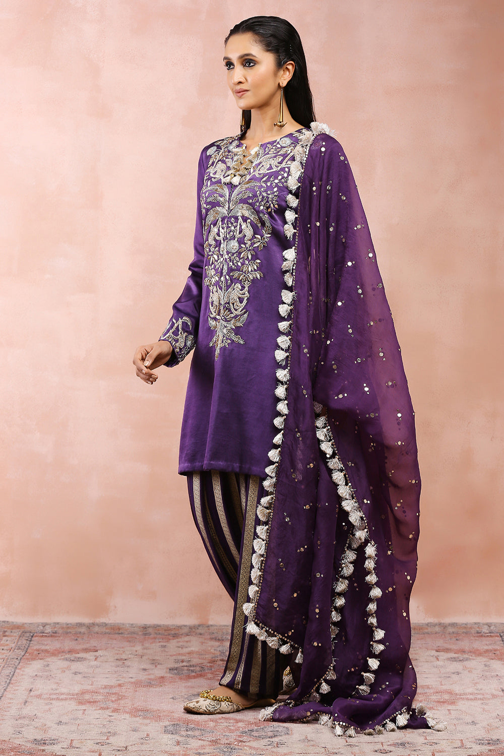 Purple Embroidered Kurta With Salwar And Dupatta