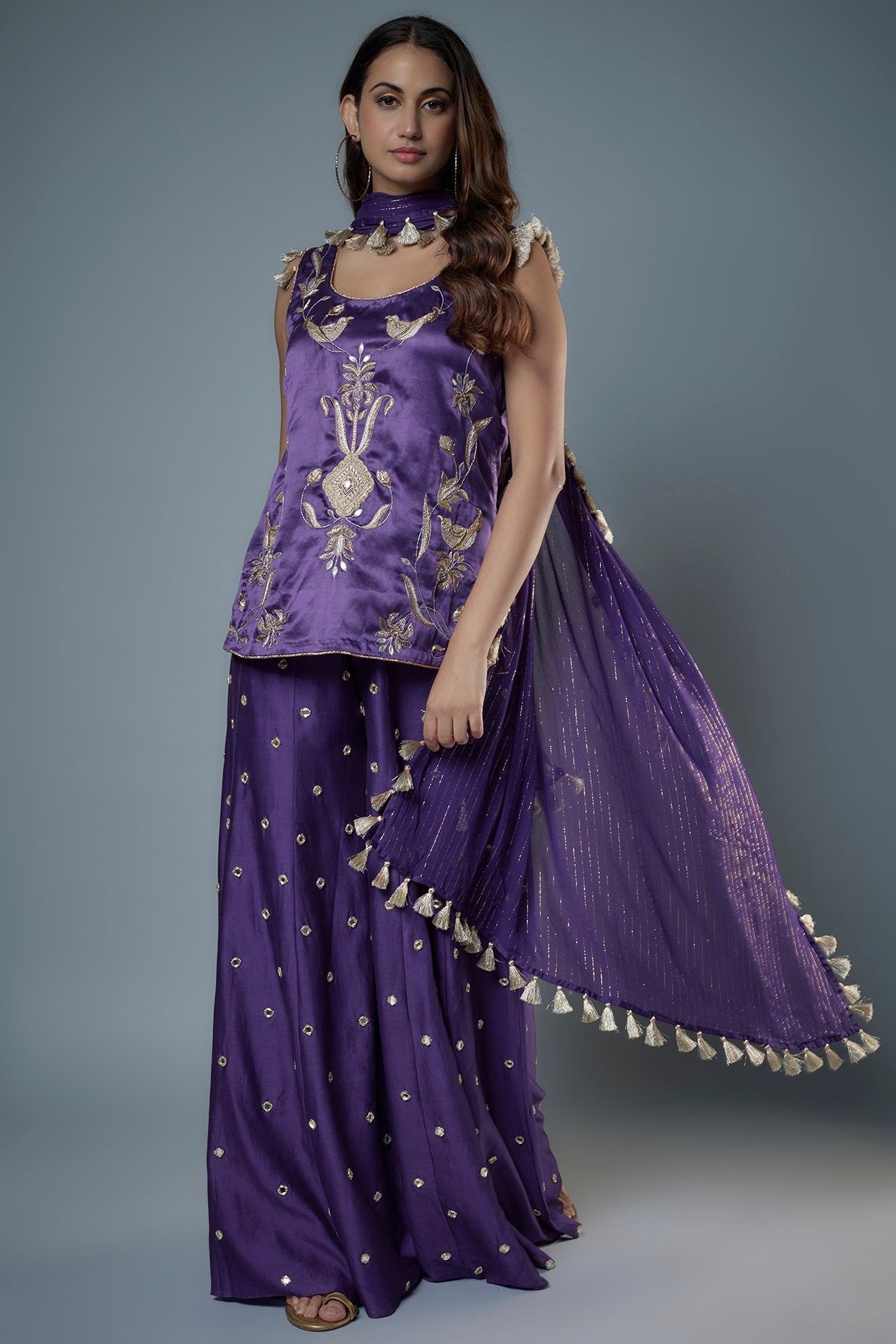 Purple Embroidered Kurta And Sharara With Dupatta