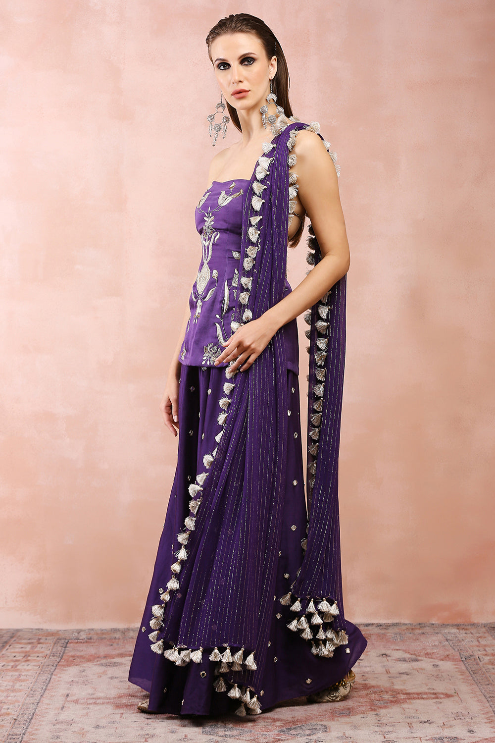 Purple Embroidered Tube Backless Kurta With Sharara And Dupatta