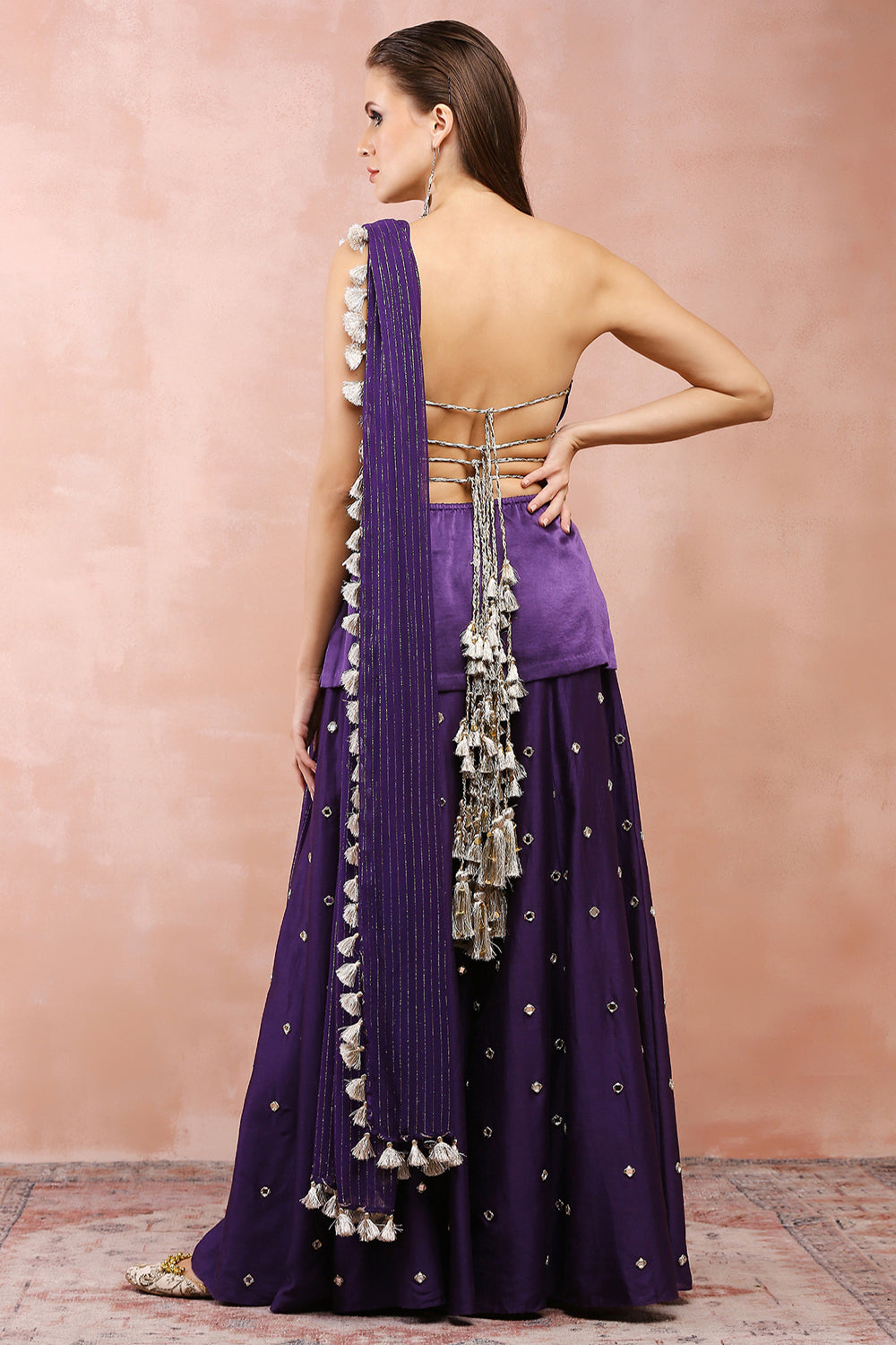 Purple Embroidered Tube Backless Kurta With Sharara And Dupatta