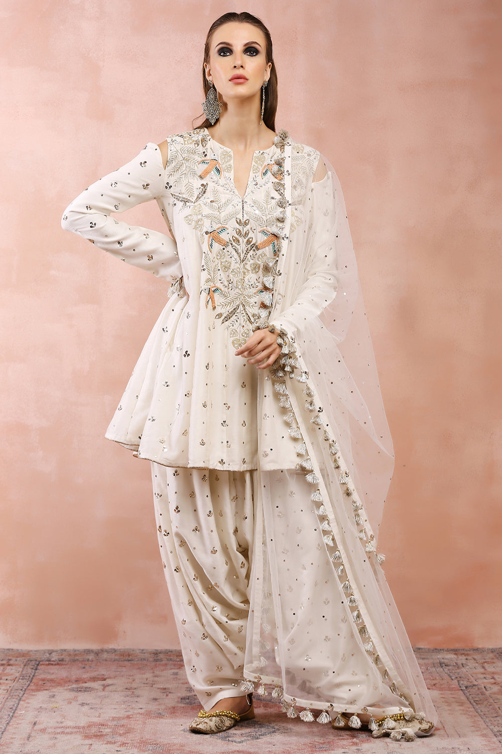 Off White Embroidered Kurta With Salwaar And Dupatta