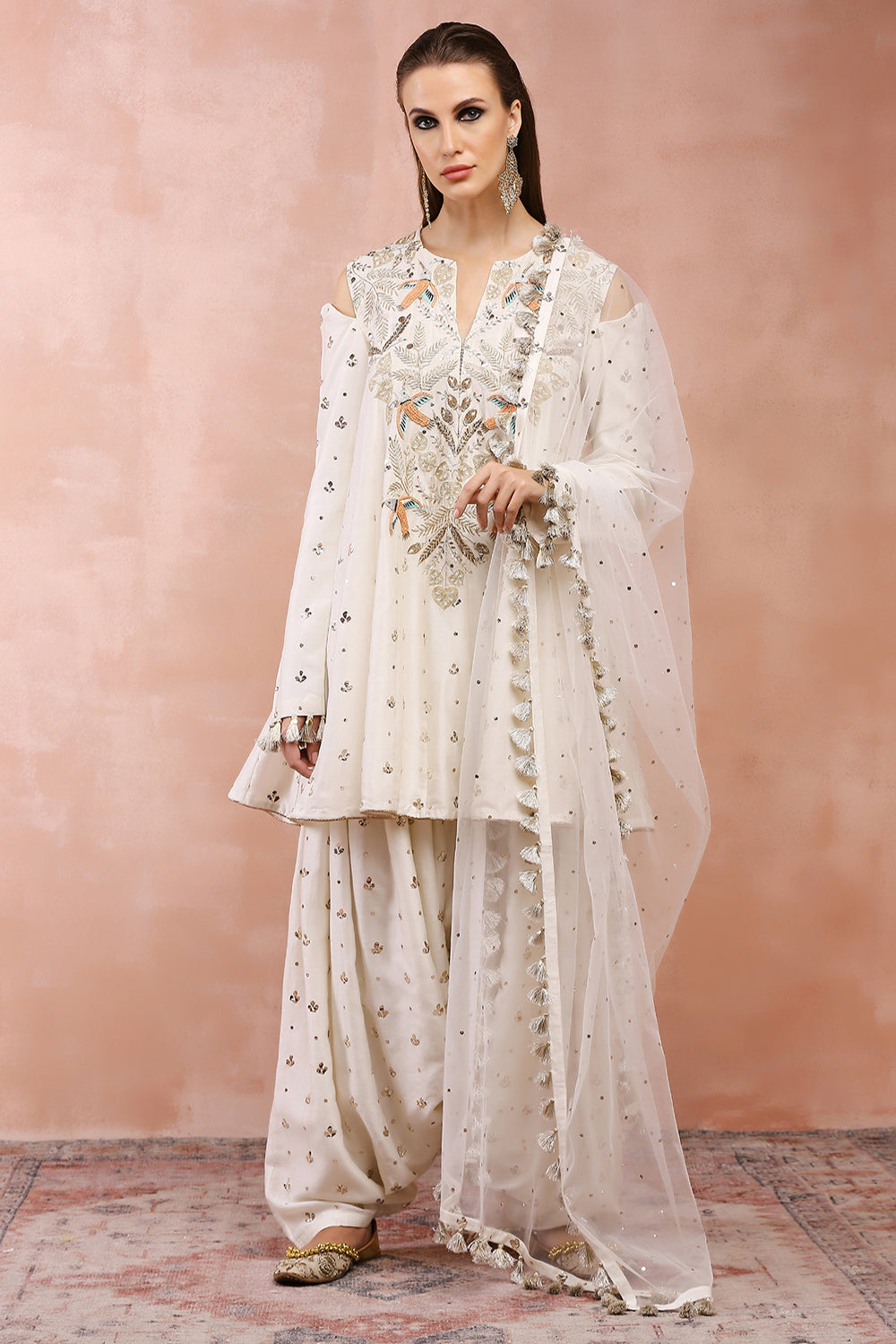 Off White Embroidered Kurta With Salwaar And Dupatta