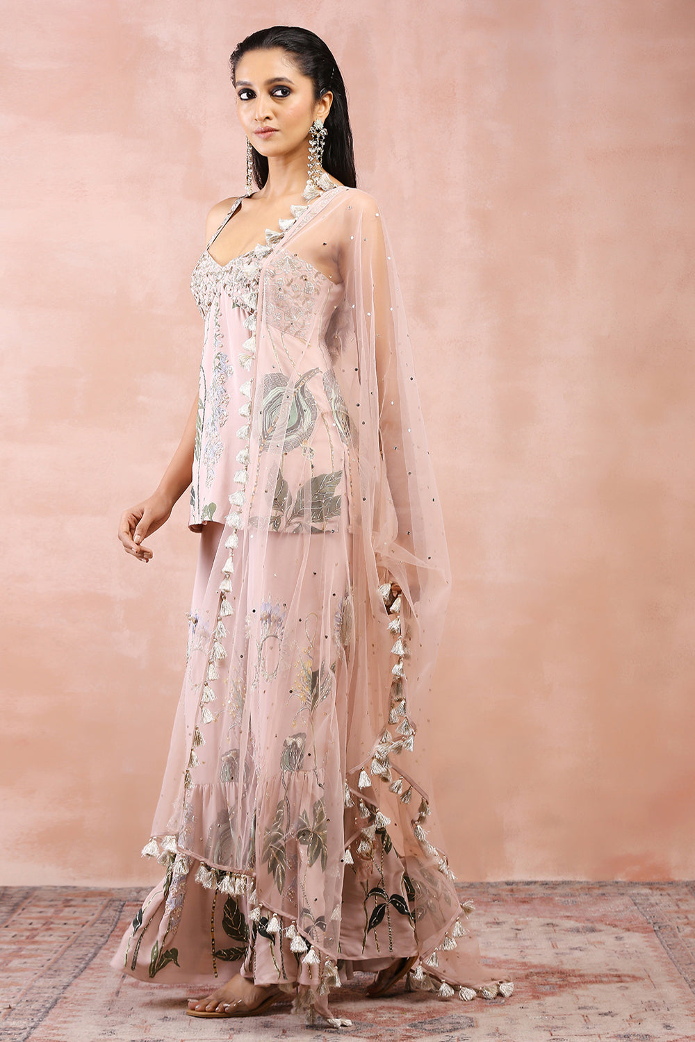 Rose Pink Niloufar Print Embroidered Kurta With Sharara And Dupatta