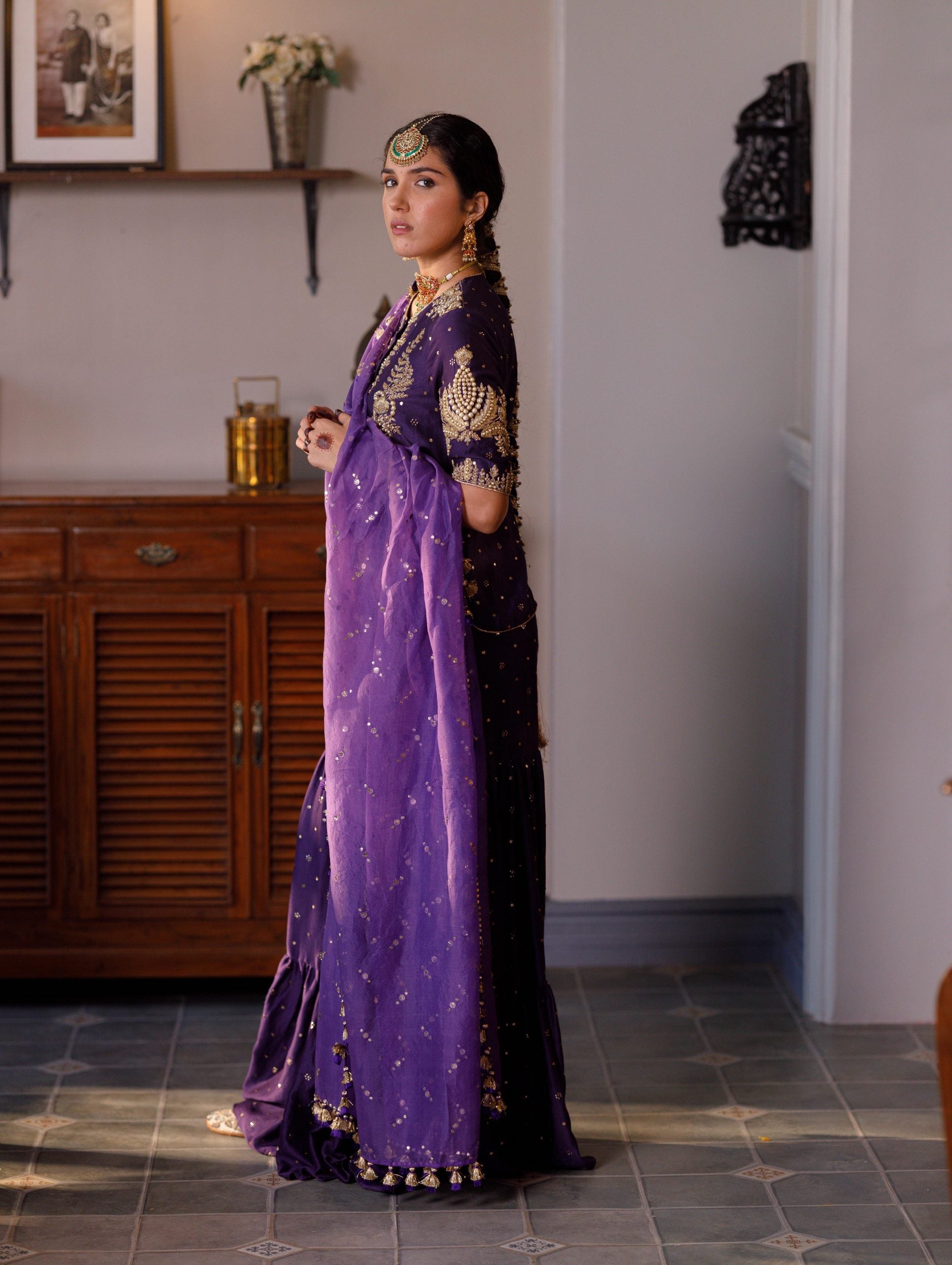 Fatima Purple Embroidered Kurta And Frill Sharara With Dupatta