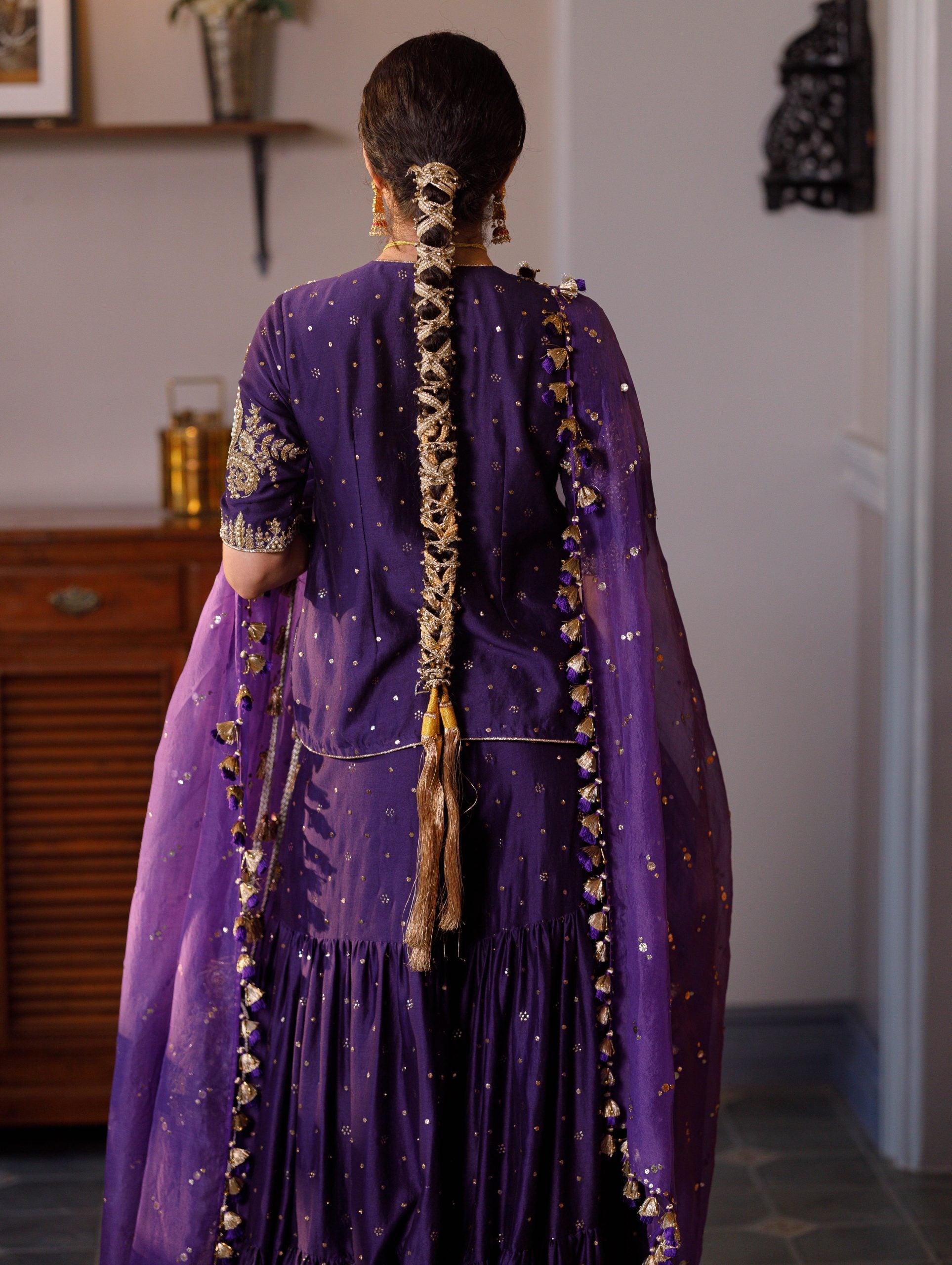 Fatima Purple Embroidered Kurta And Frill Sharara With Dupatta