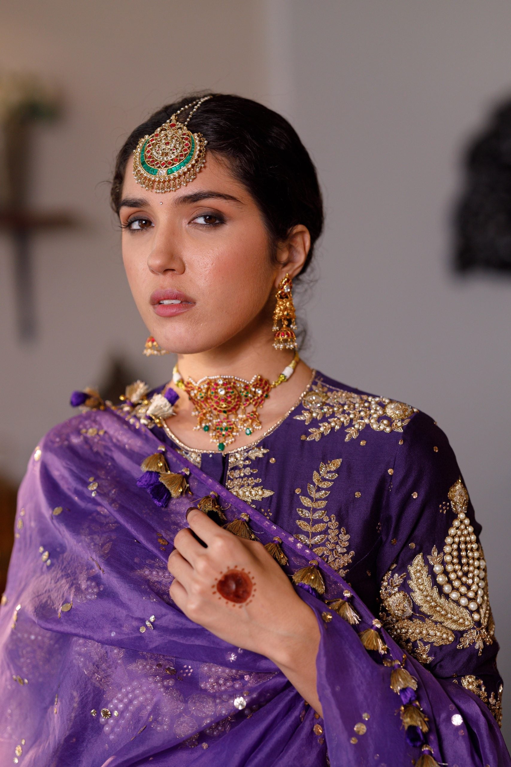 Fatima Purple Embroidered Kurta And Frill Sharara With Dupatta