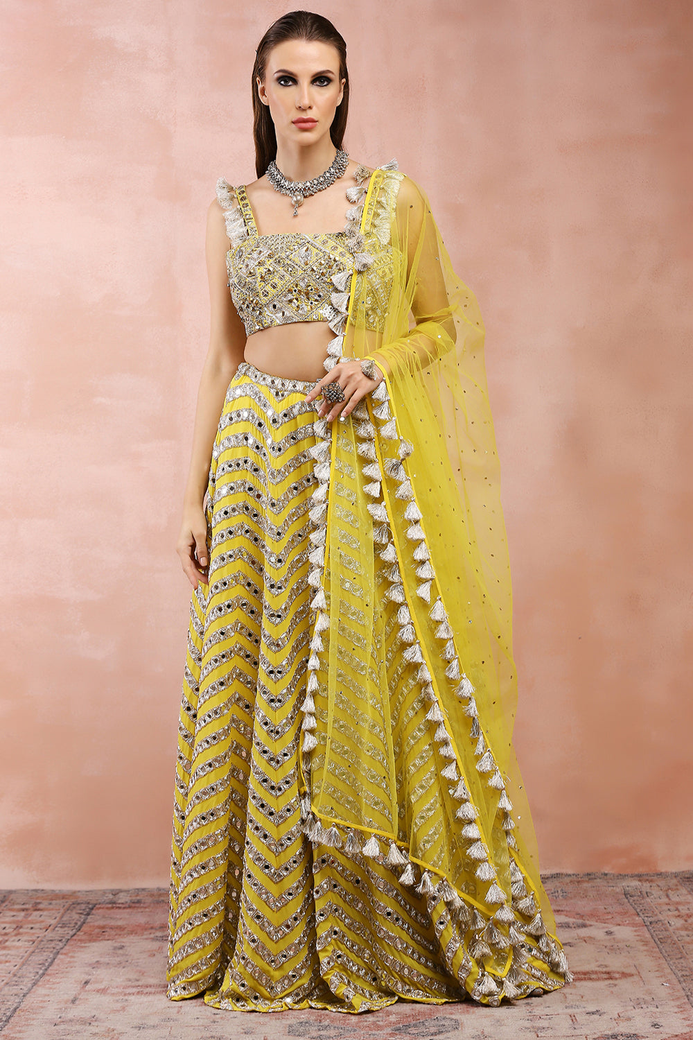 Yellow Embroidered Choli And Lehenga With Dupatta