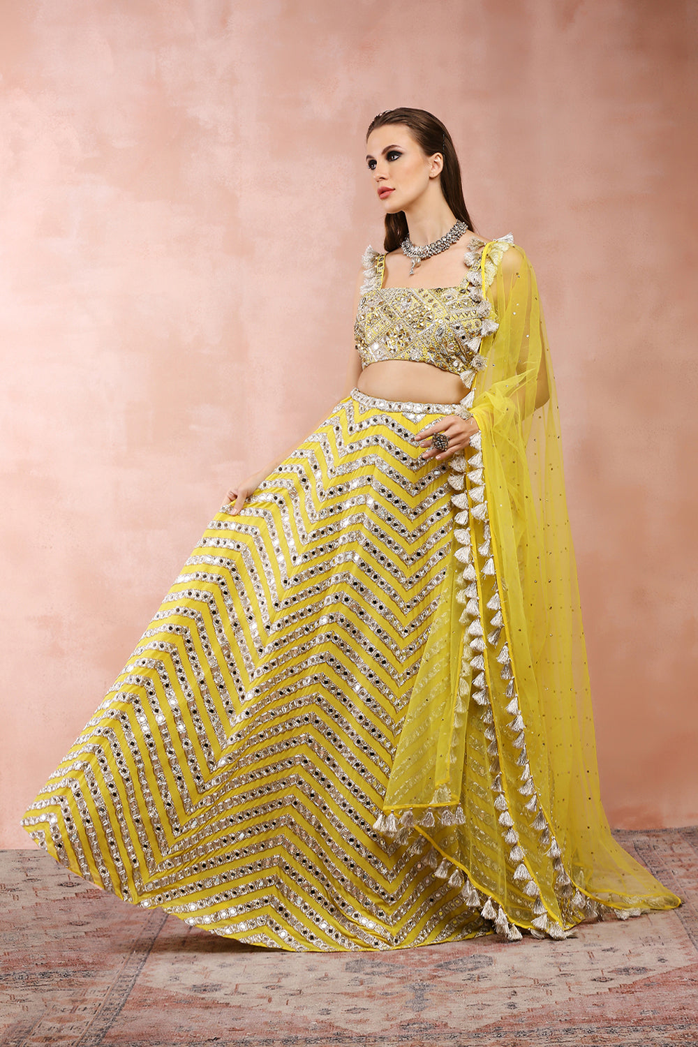 Yellow Embroidered Choli And Lehenga With Dupatta