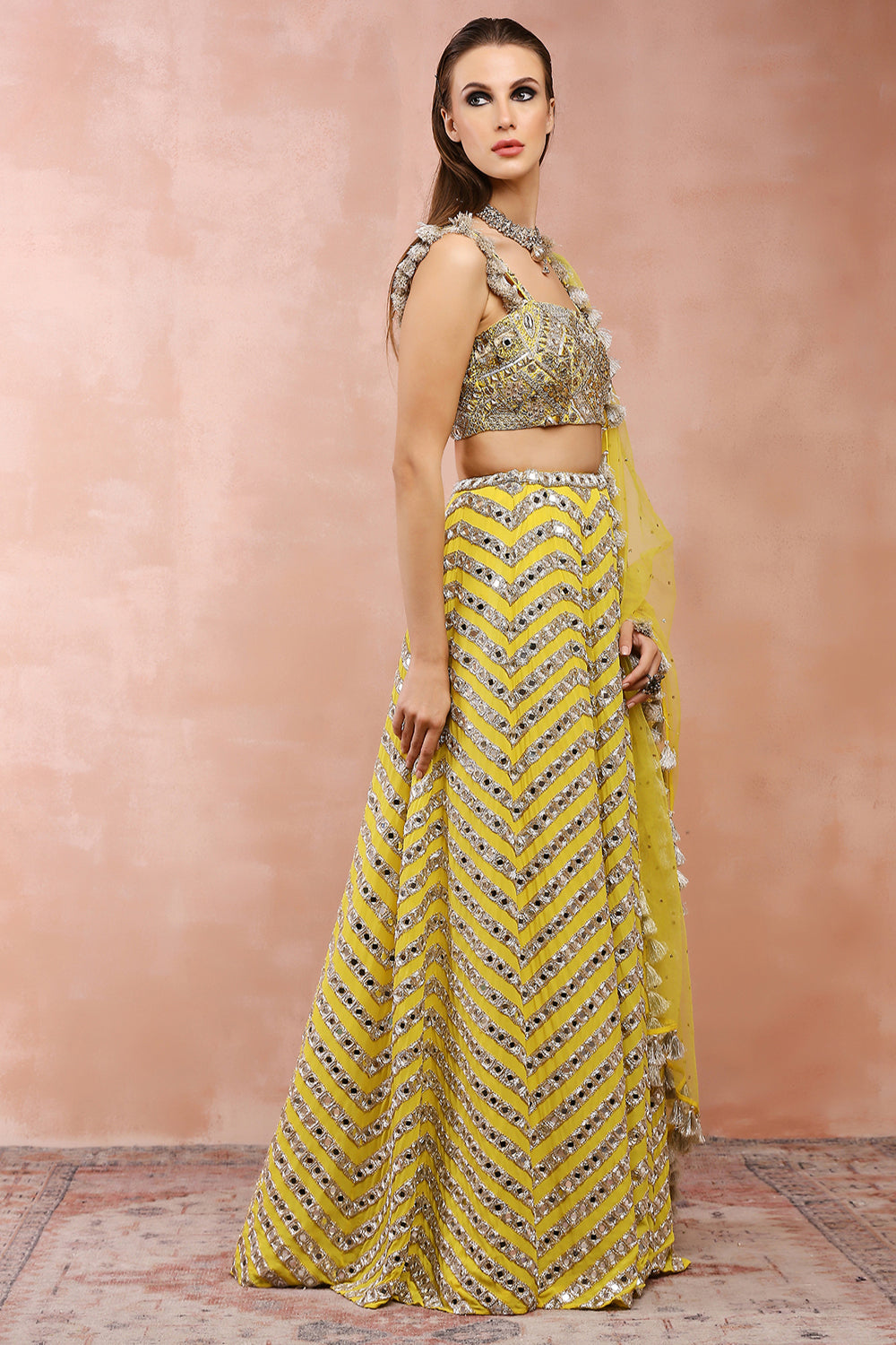 Yellow Embroidered Choli And Lehenga With Dupatta