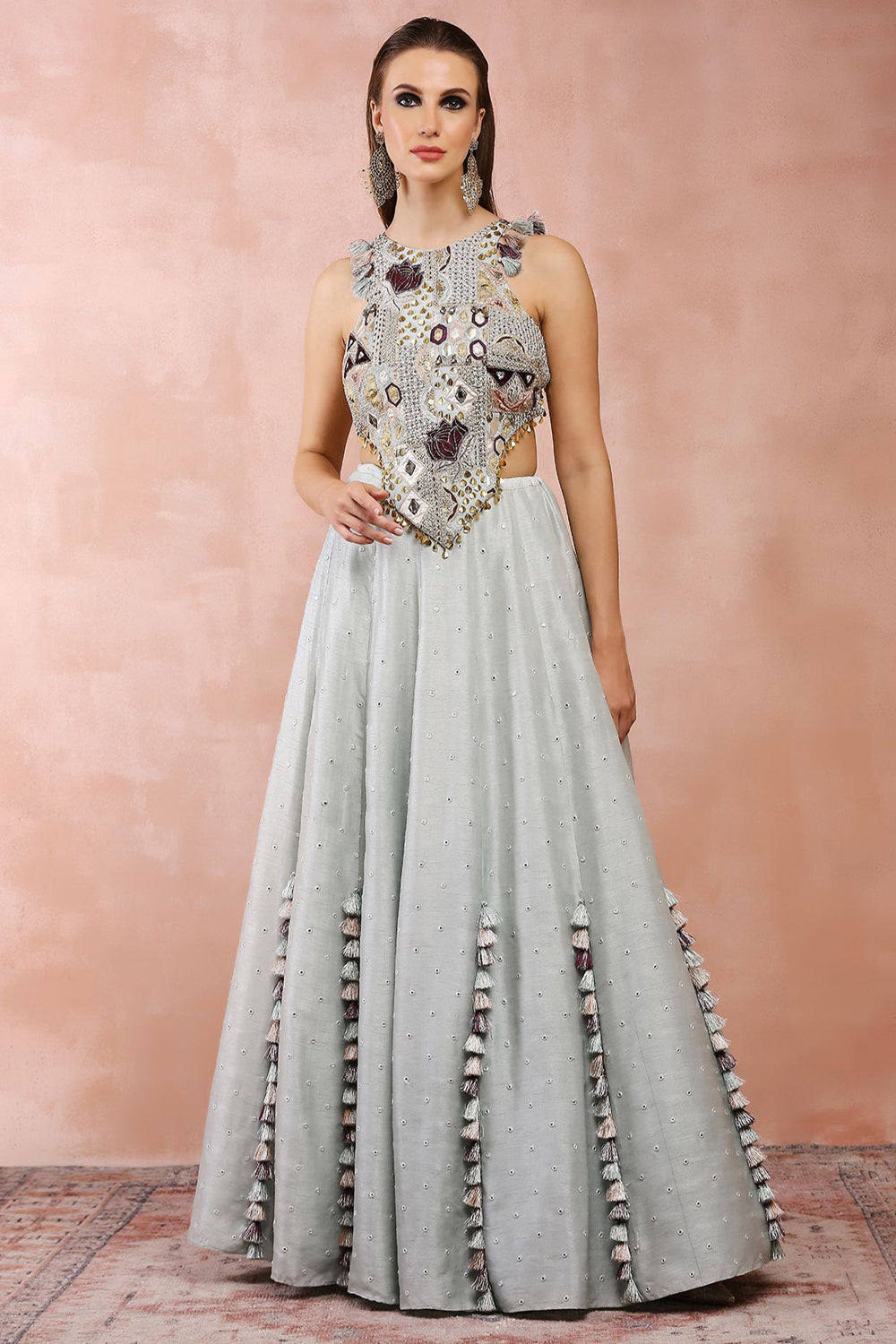 Powder Blue Applique Embroidered Choli With Lehenga - Auraya Fashion - Payal Singhal - #tag1# - #tag2# - #tag3# - #tag3#