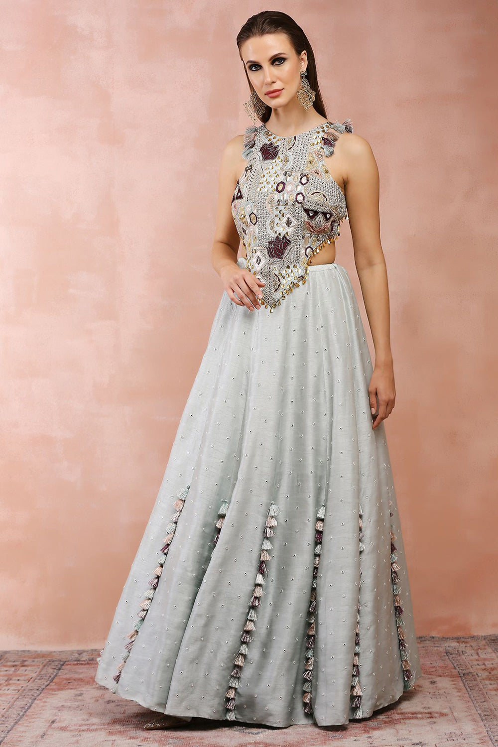 Powder Blue Applique Embroidered Choli With Lehenga - Auraya Fashion -  - #tag1# - #tag2# - #tag3# - #tag3#