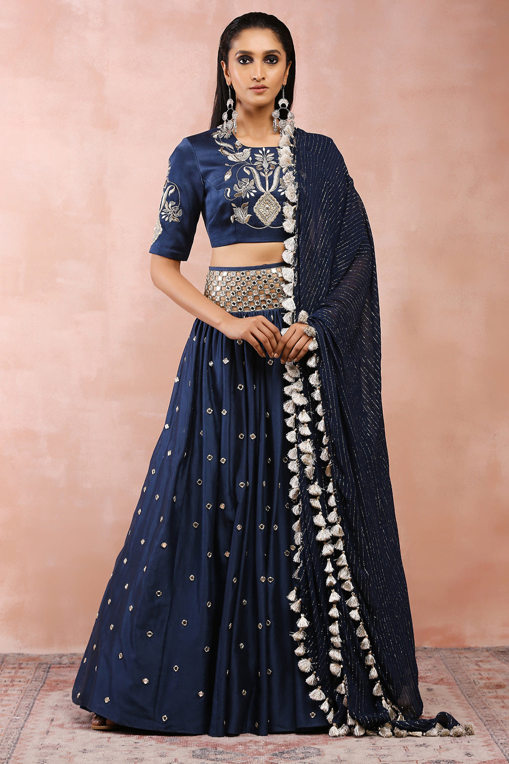 Navy Embroidered Choli And Cutwork Belt Lehenga With Dupatta