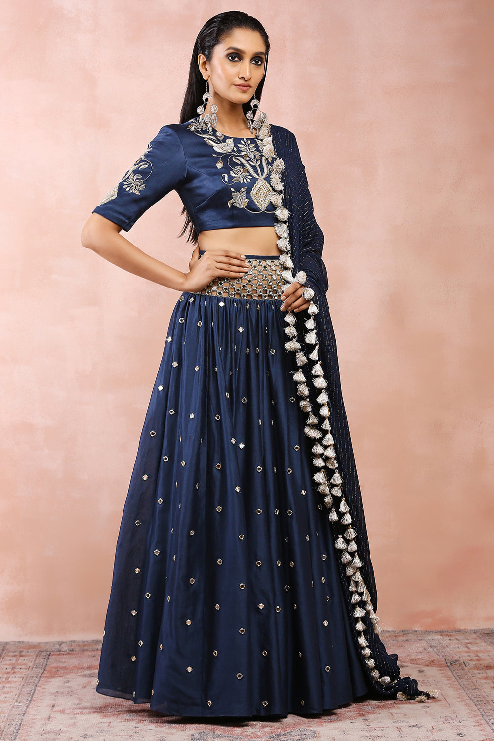 Navy Embroidered Choli And Cutwork Belt Lehenga With Dupatta