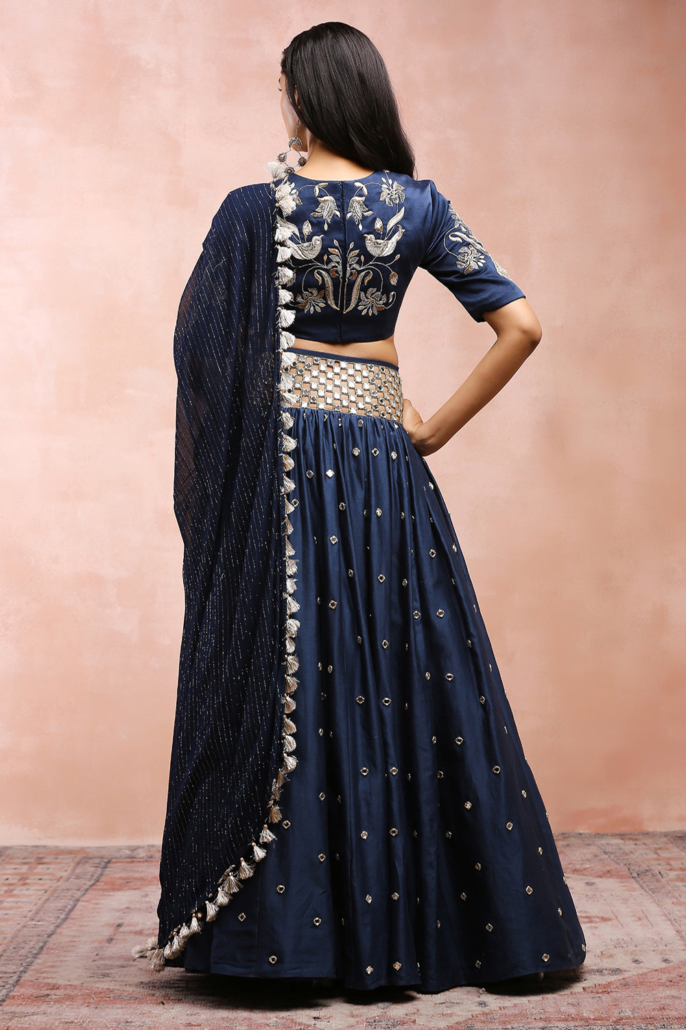 Navy Embroidered Choli And Cutwork Belt Lehenga With Dupatta