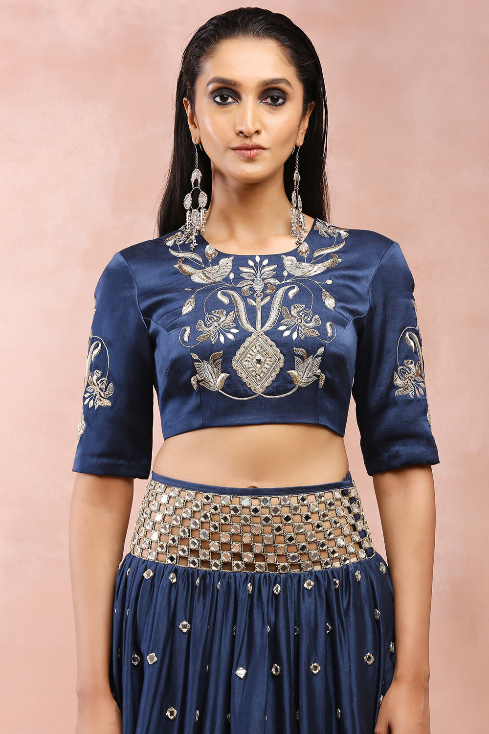 Navy Embroidered Choli And Cutwork Belt Lehenga With Dupatta