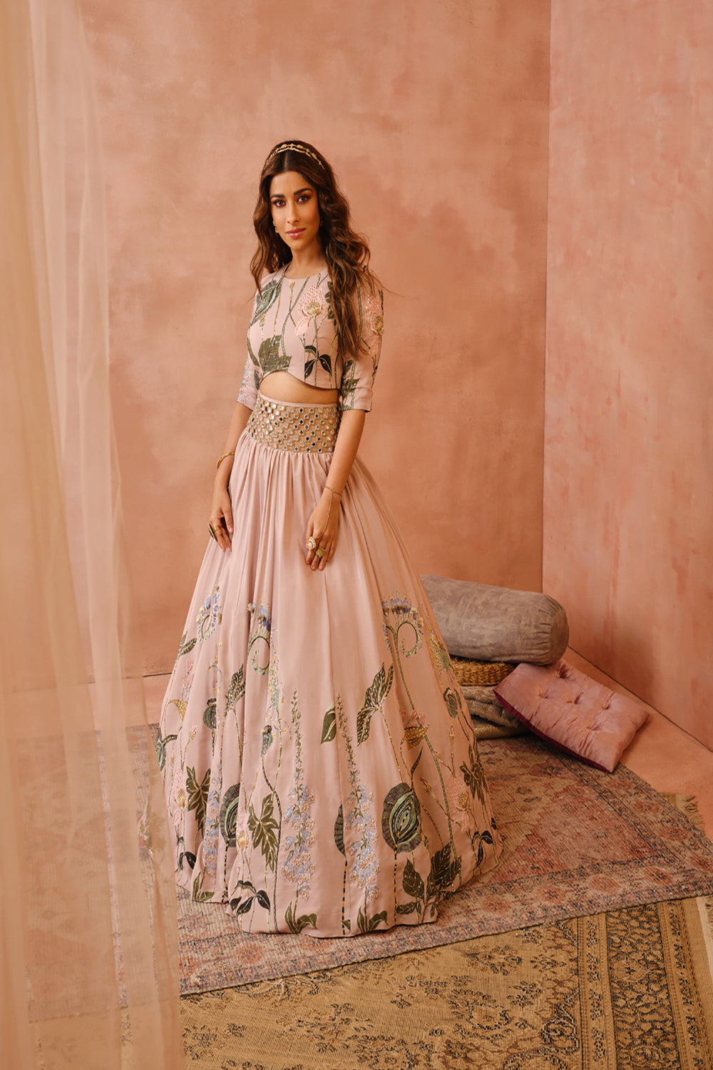 Rose Pink Niloufar Print Embroidered Choli With Lehenga And Dupatta