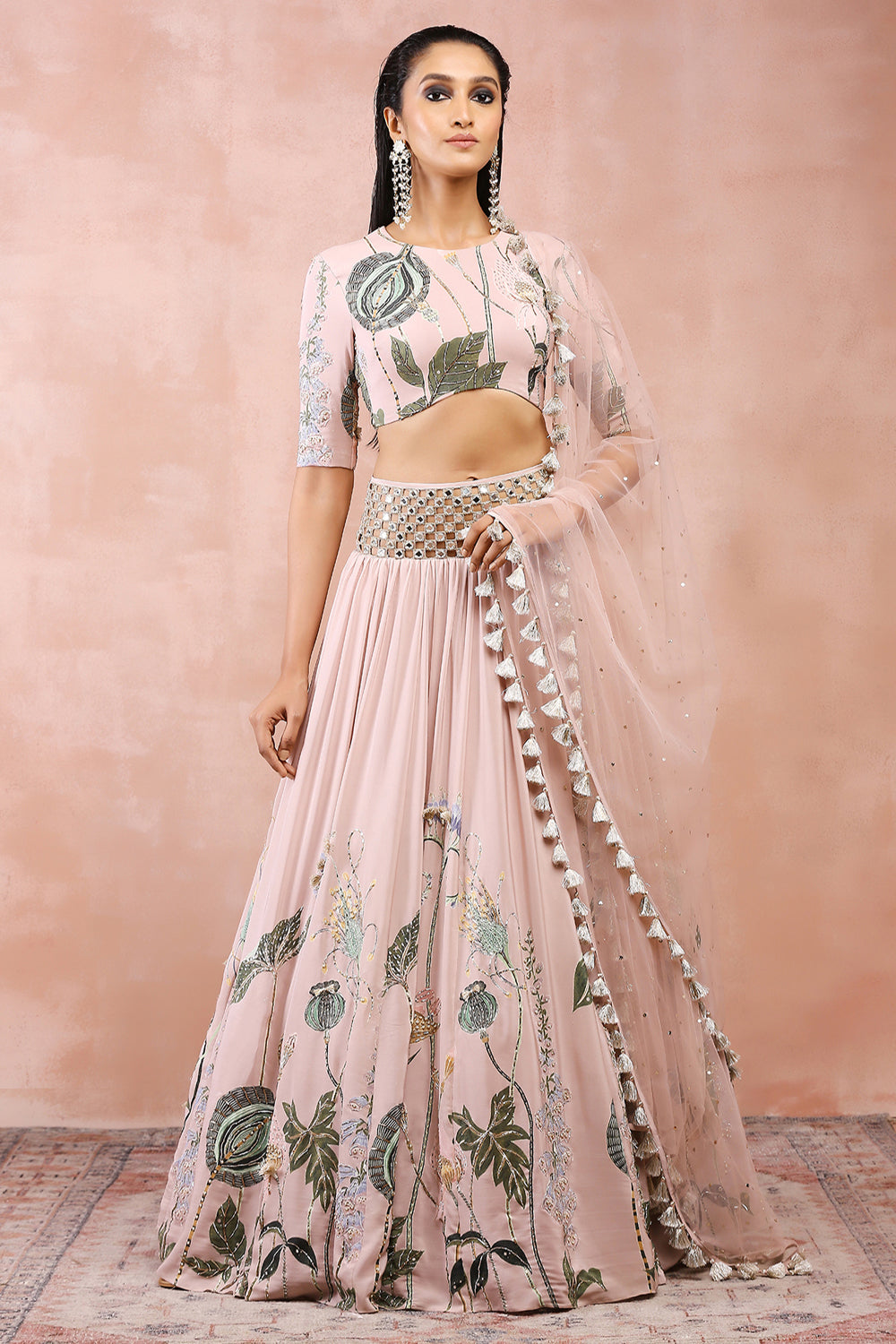 Rose Pink Niloufar Print Embroidered Choli With Lehenga And Dupatta