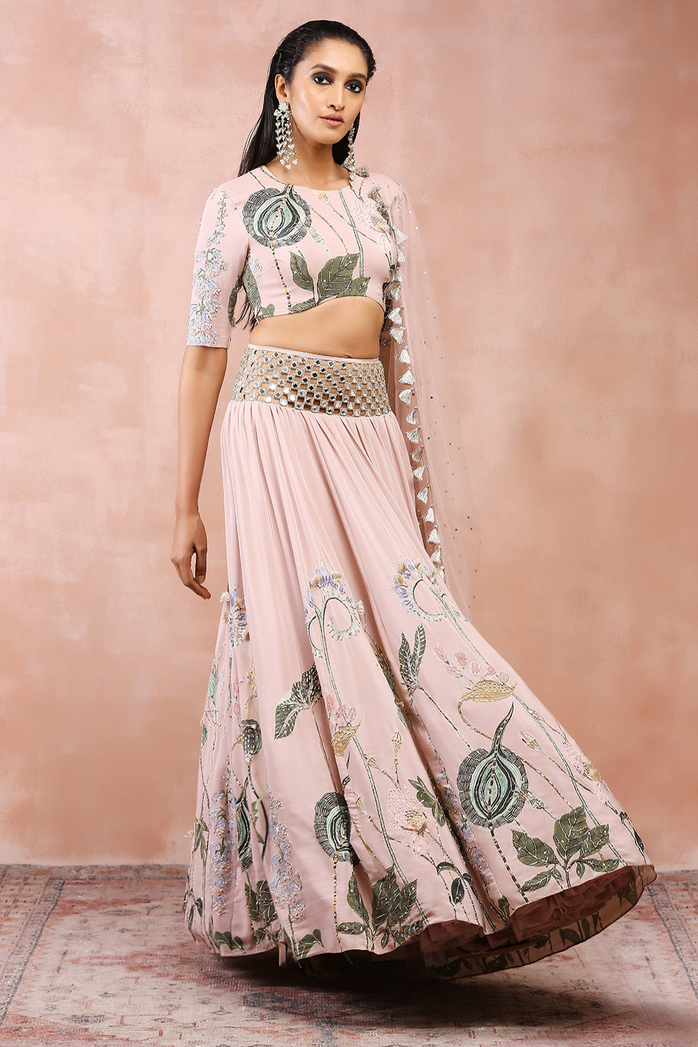 Rose Pink Niloufar Print Embroidered Choli With Lehenga And Dupatta