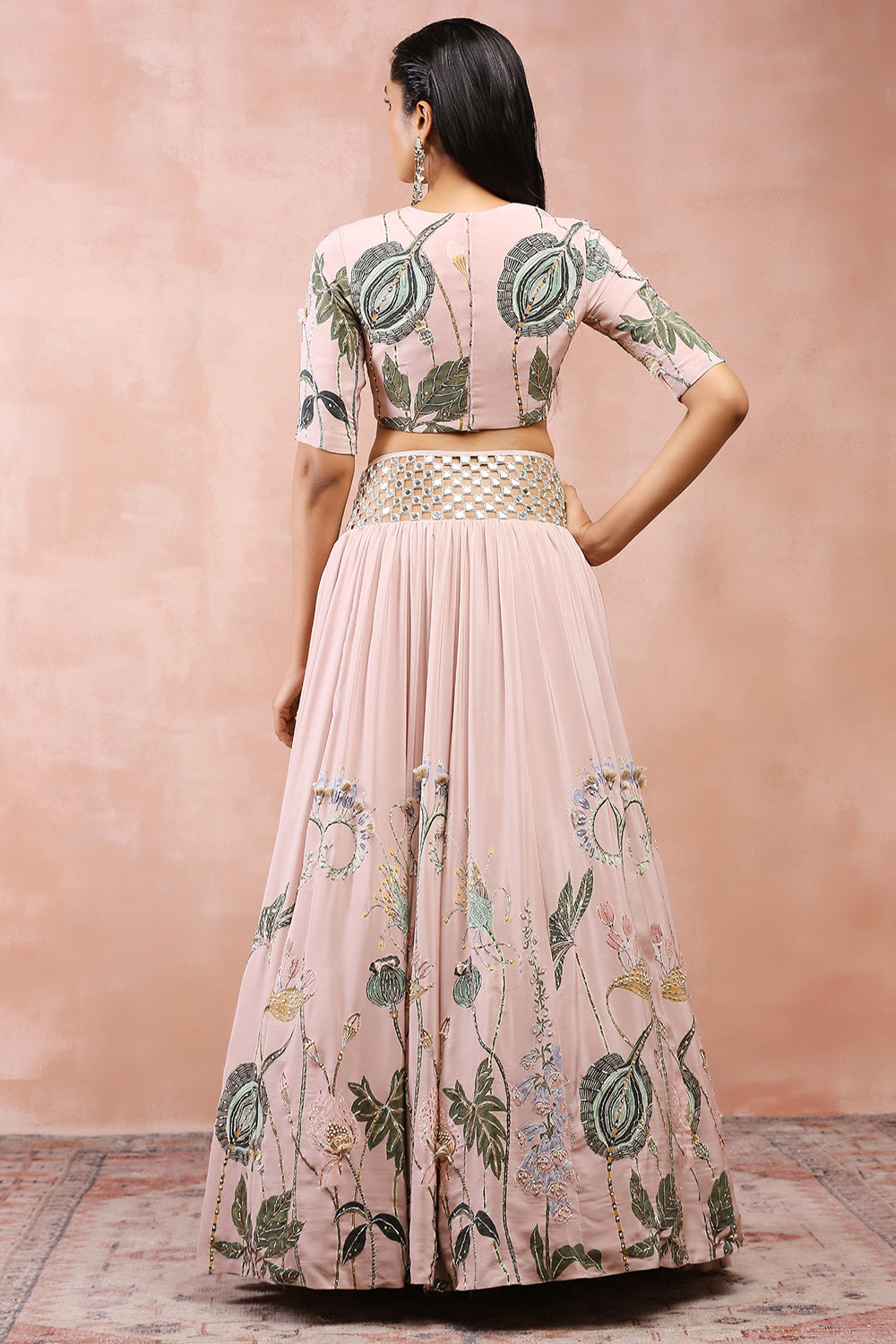 Rose Pink Niloufar Print Embroidered Choli With Lehenga And Dupatta