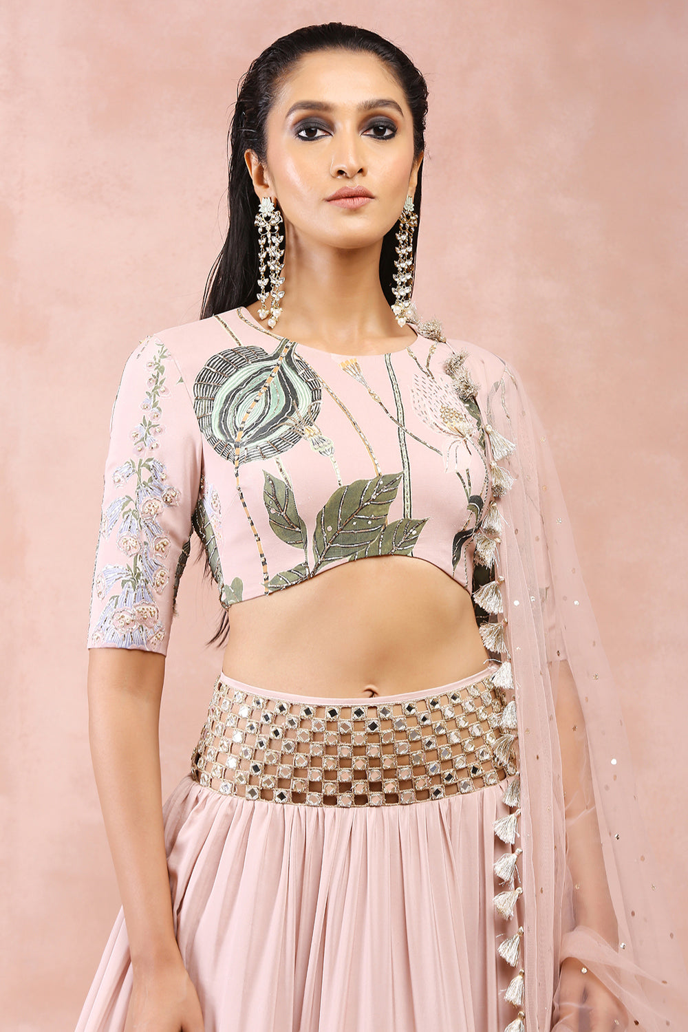 Rose Pink Niloufar Print Embroidered Choli With Lehenga And Dupatta